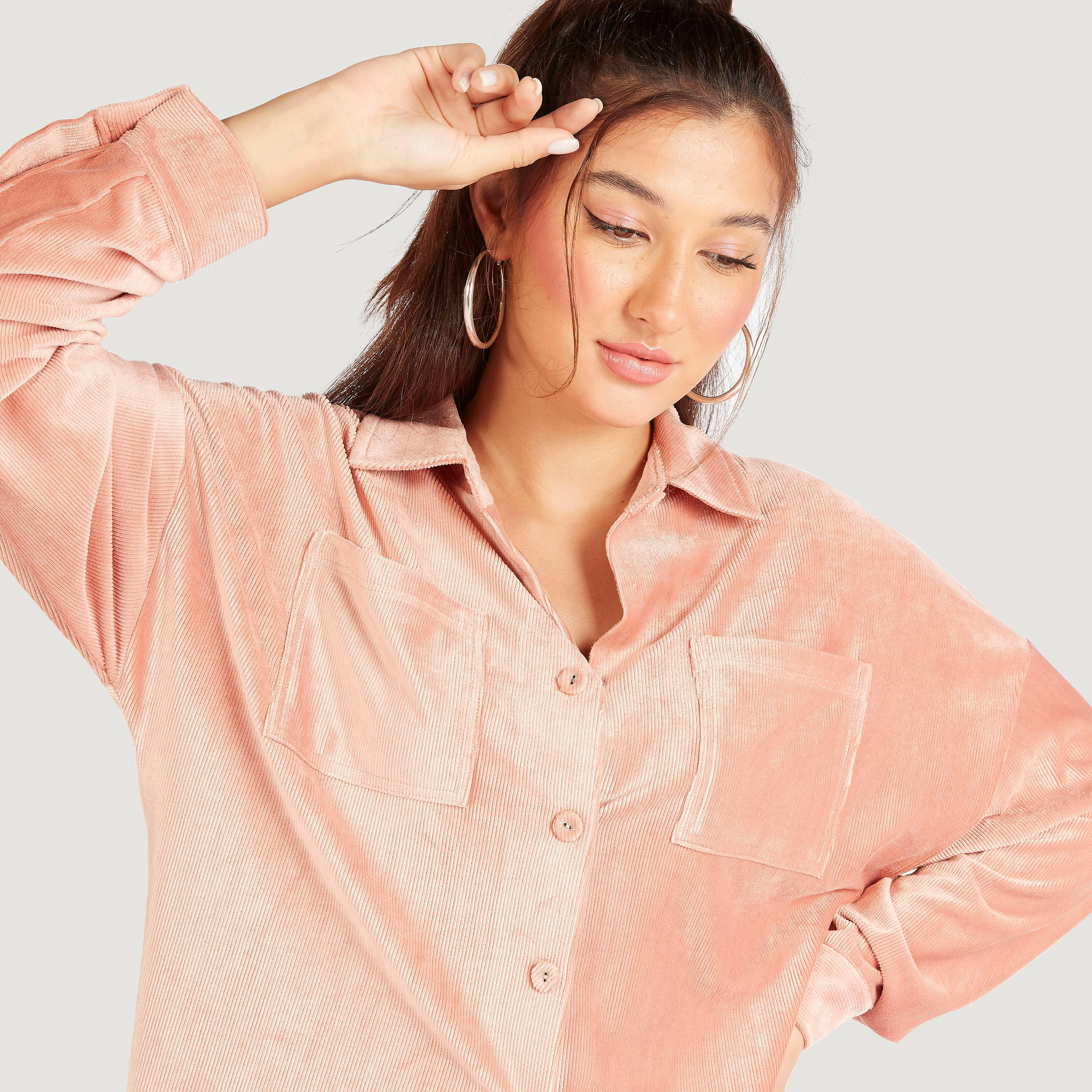 Textured Oversized Button Up Shirt with Long Sleeves and Patch Pockets-women-clothing-shirtsandblouses-shirts-image-5