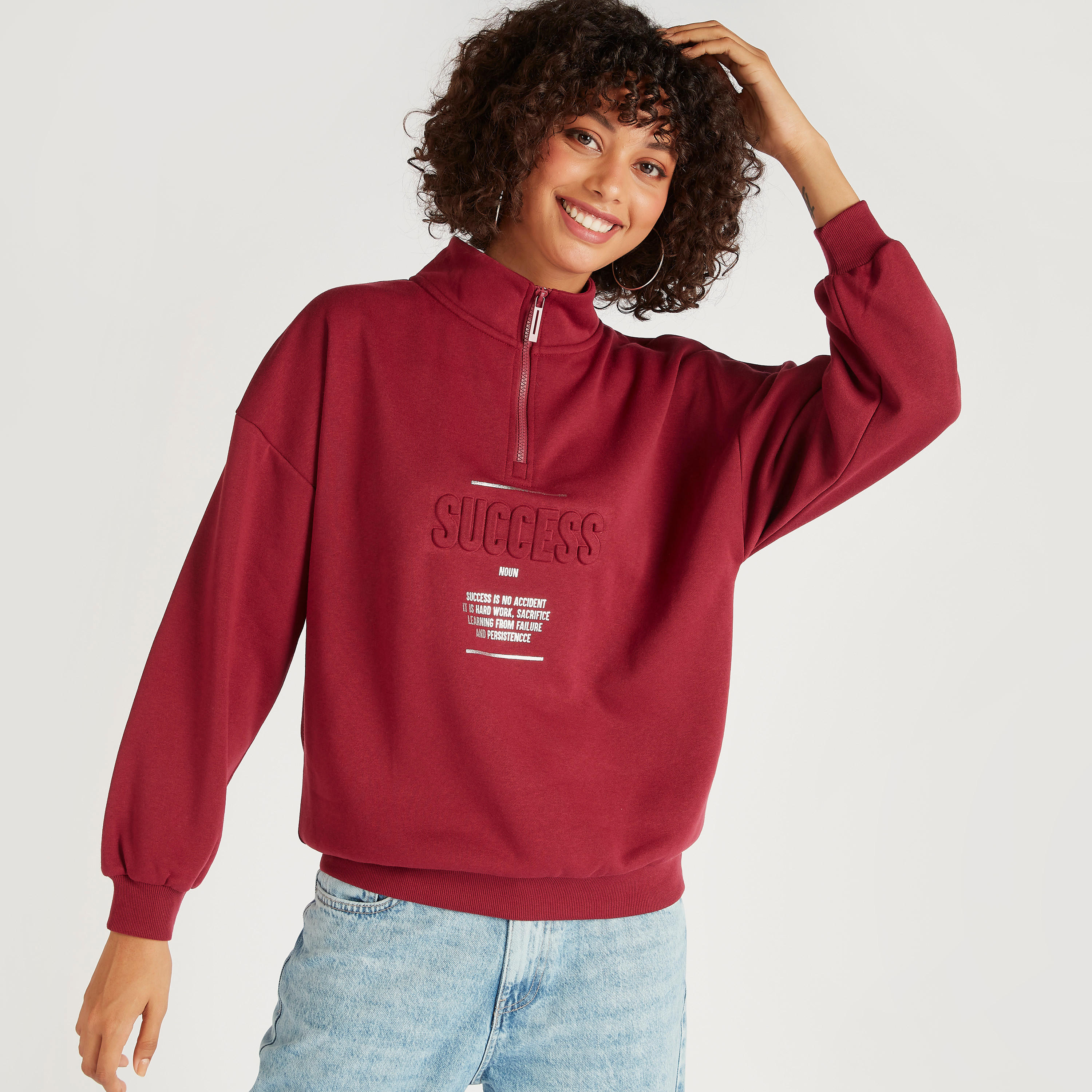 Embossed and Printed Sweatshirt with Half Zip Closure-women-winterwear-hoodiesandsweatshirts-sweatshirts-image-1