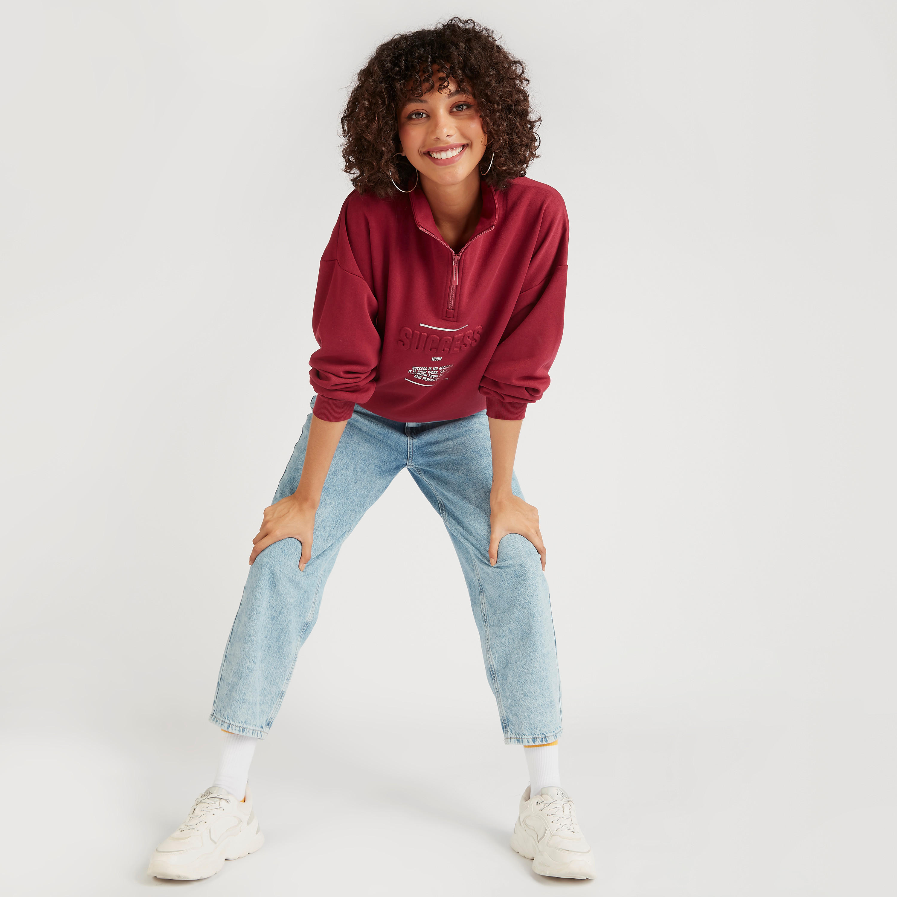Embossed and Printed Sweatshirt with Half Zip Closure-women-winterwear-hoodiesandsweatshirts-sweatshirts-image-2
