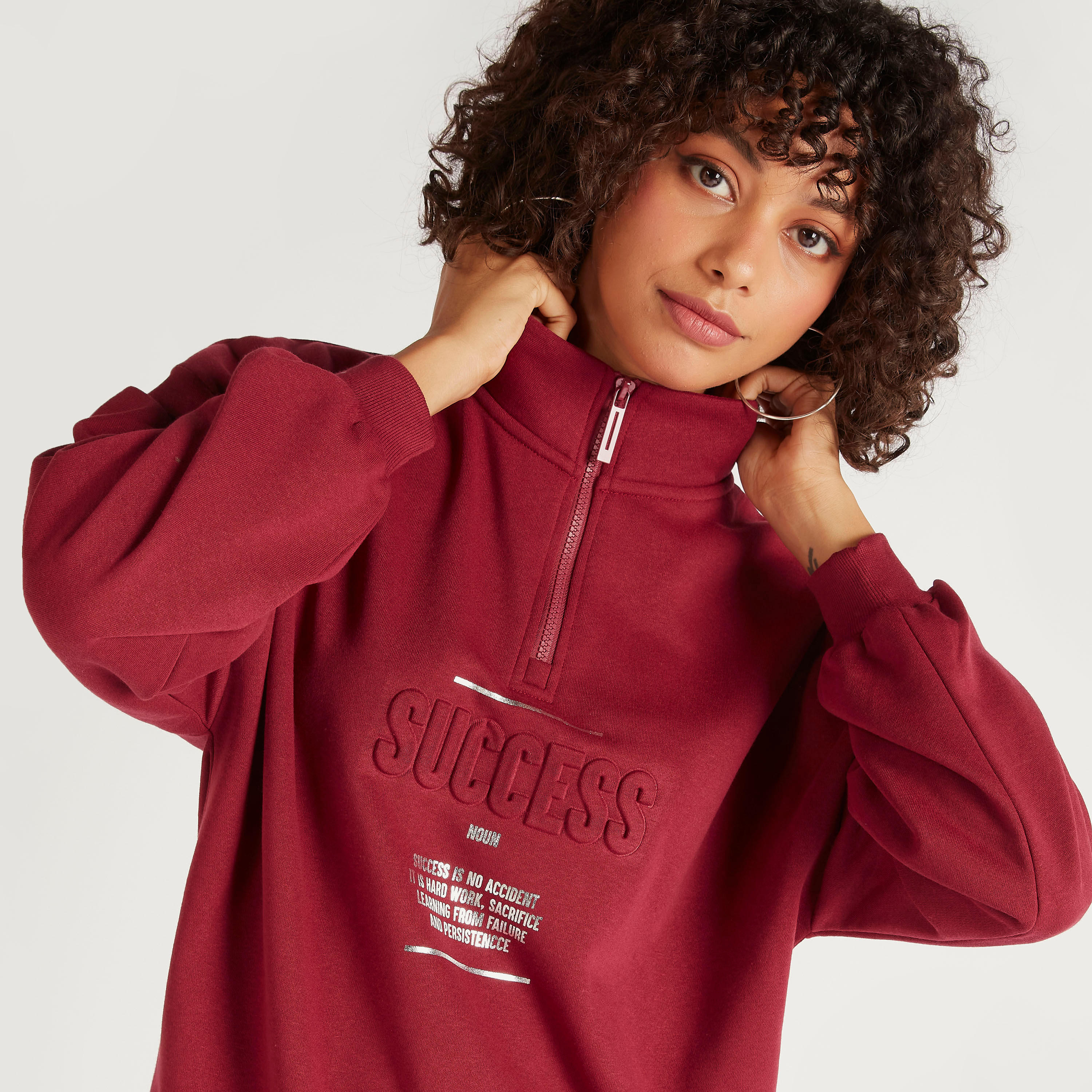 Embossed and Printed Sweatshirt with Half Zip Closure-women-winterwear-hoodiesandsweatshirts-sweatshirts-image-3