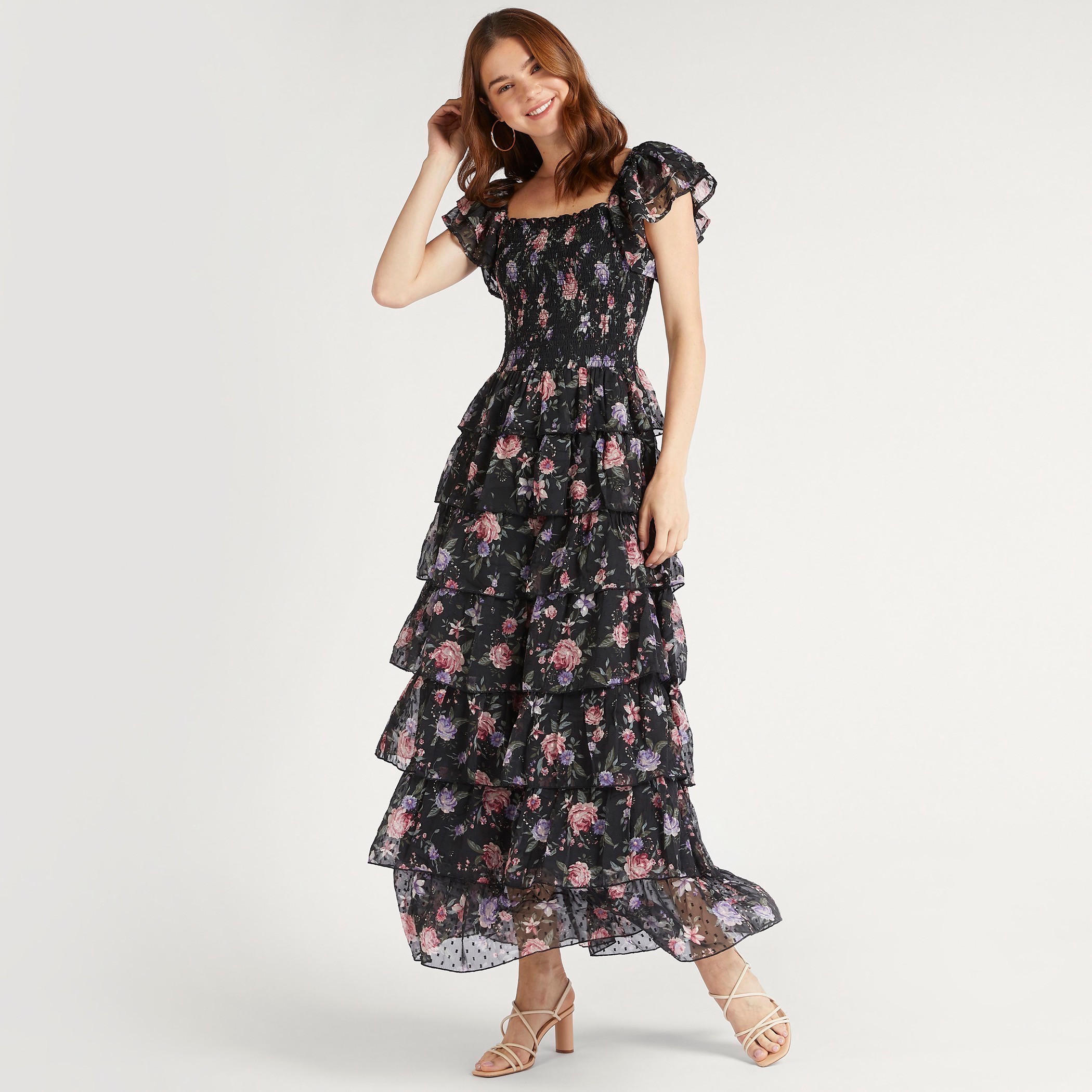 فستان طويل إيه لاين دون أكمام بطبعات أزهار وتفاصيل كشكش-women-clothing-dresses-image-1