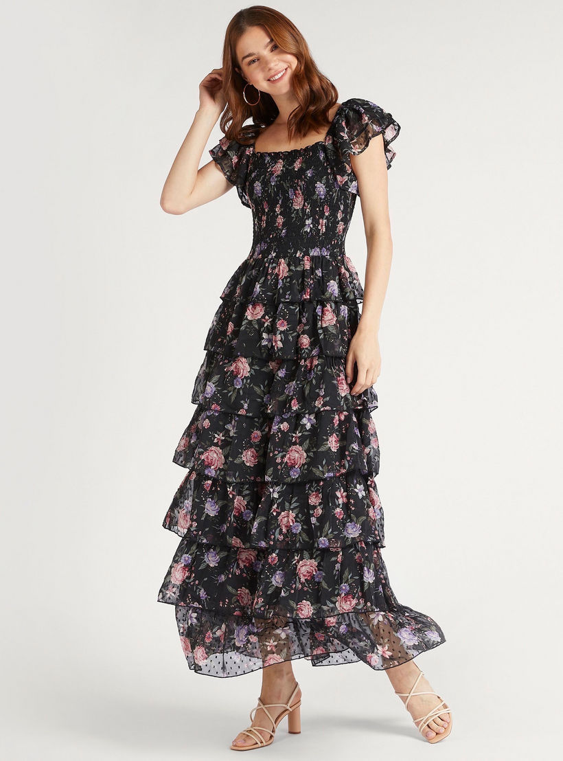 فستان طويل إيه لاين دون أكمام بطبعات أزهار وتفاصيل كشكش-women-clothing-dresses-image-1