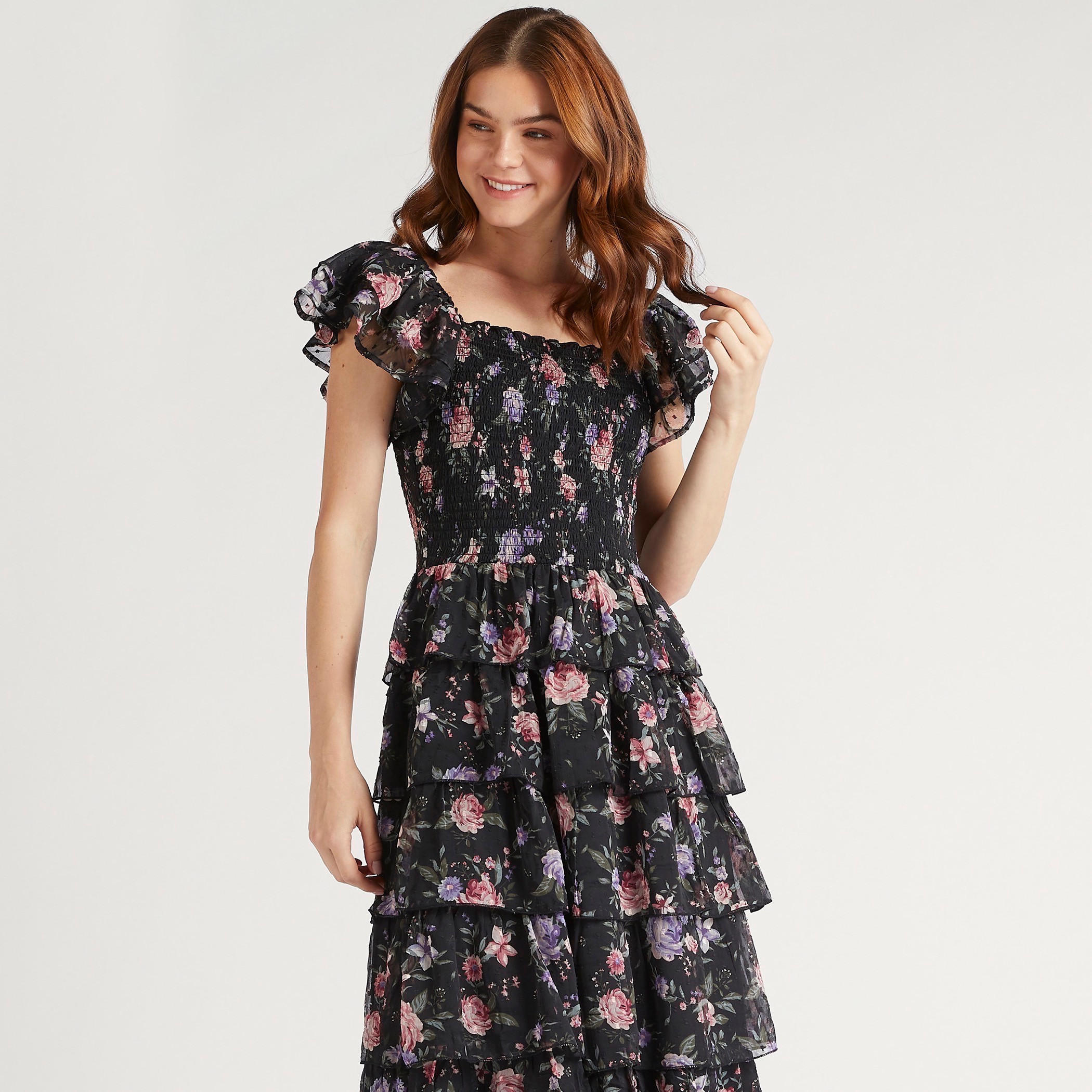 فستان طويل إيه لاين دون أكمام بطبعات أزهار وتفاصيل كشكش-women-clothing-dresses-image-2