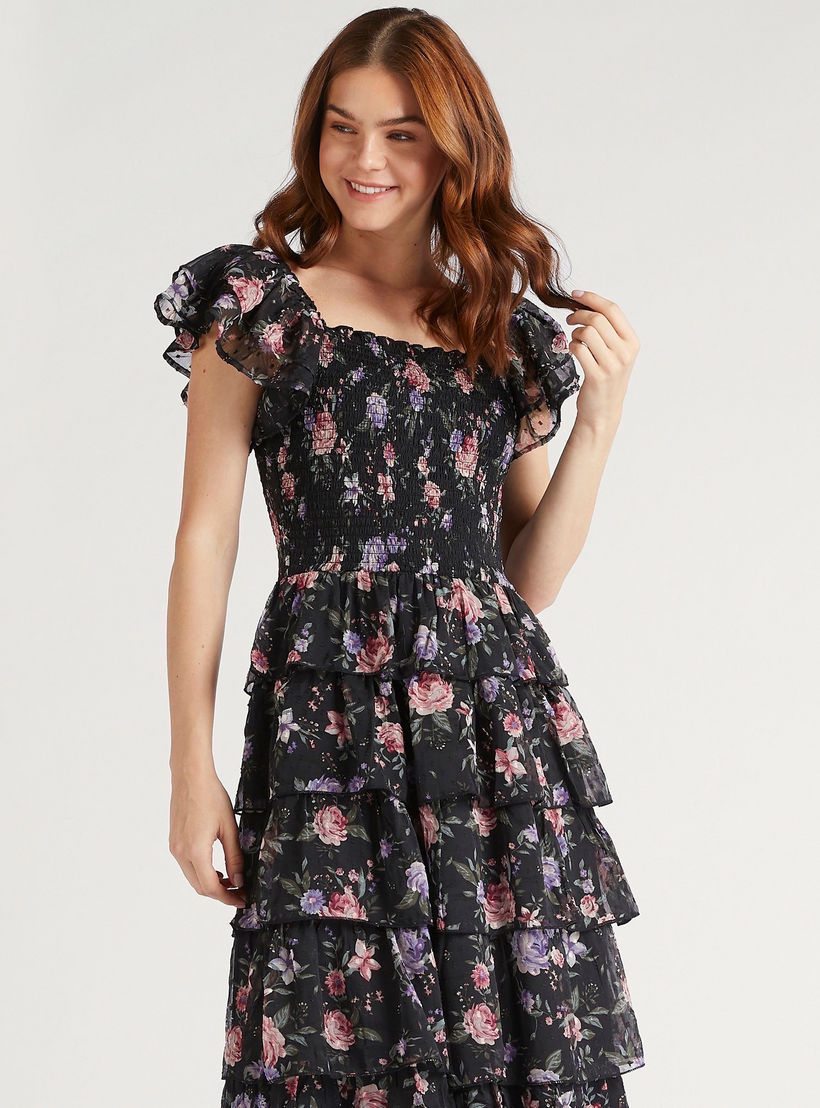 فستان طويل إيه لاين دون أكمام بطبعات أزهار وتفاصيل كشكش-women-clothing-dresses-image-2