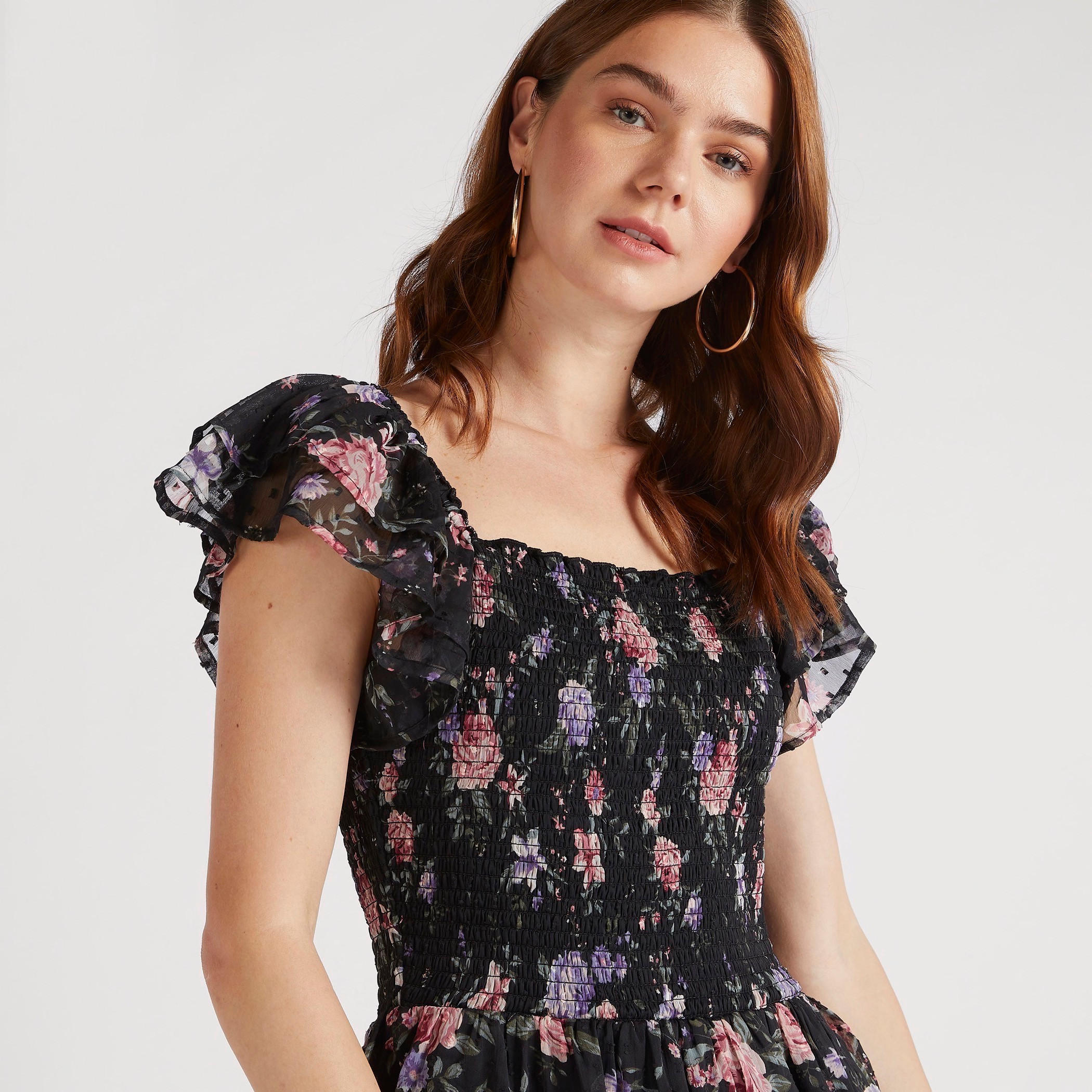 فستان طويل إيه لاين دون أكمام بطبعات أزهار وتفاصيل كشكش-women-clothing-dresses-image-3