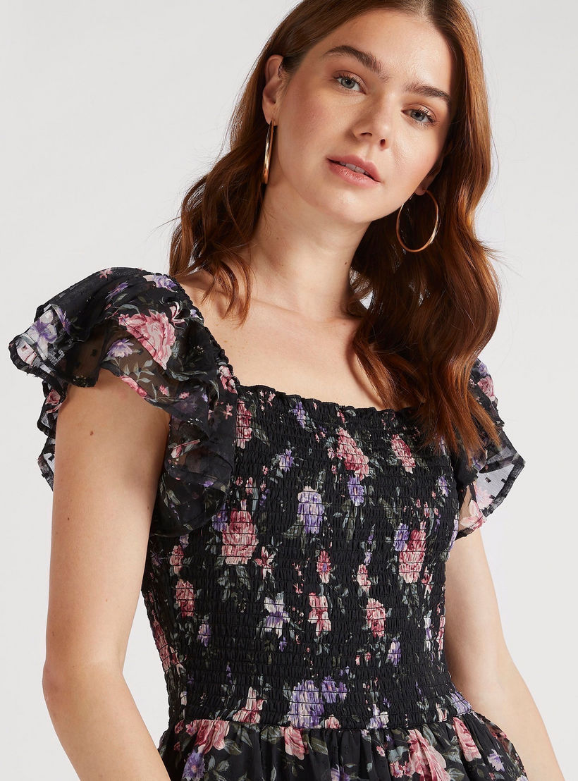 فستان طويل إيه لاين دون أكمام بطبعات أزهار وتفاصيل كشكش-women-clothing-dresses-image-3