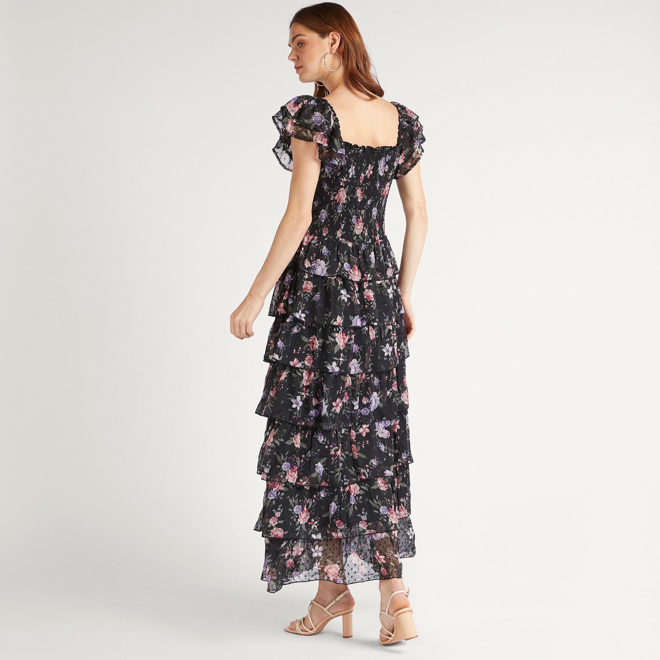 فستان طويل إيه لاين دون أكمام بطبعات أزهار وتفاصيل كشكش-women-clothing-dresses-image-4