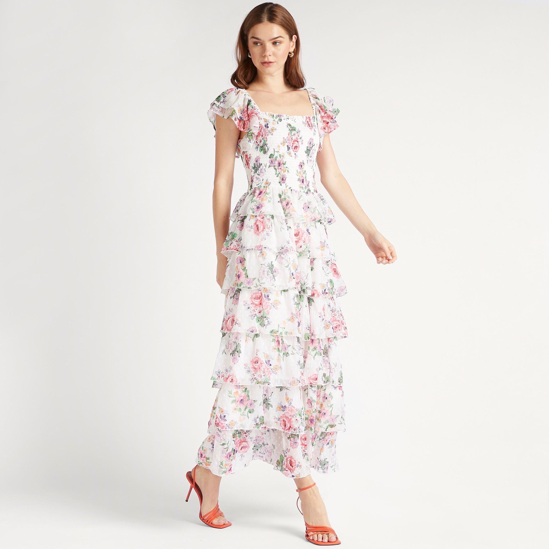 فستان طويل إيه لاين دون أكمام بياقة مربّعة وطبعات أزهار وتفاصيل كشكش-women-clothing-dresses-image-1