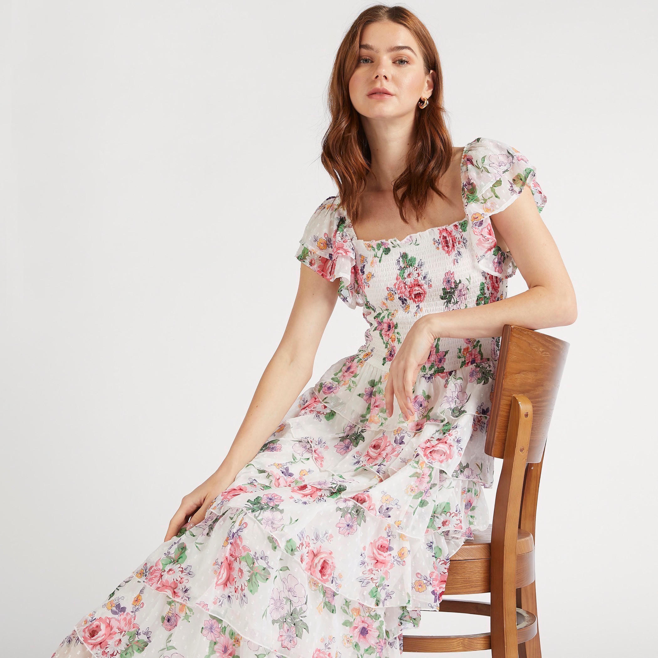 فستان طويل إيه لاين دون أكمام بياقة مربّعة وطبعات أزهار وتفاصيل كشكش-women-clothing-dresses-image-2