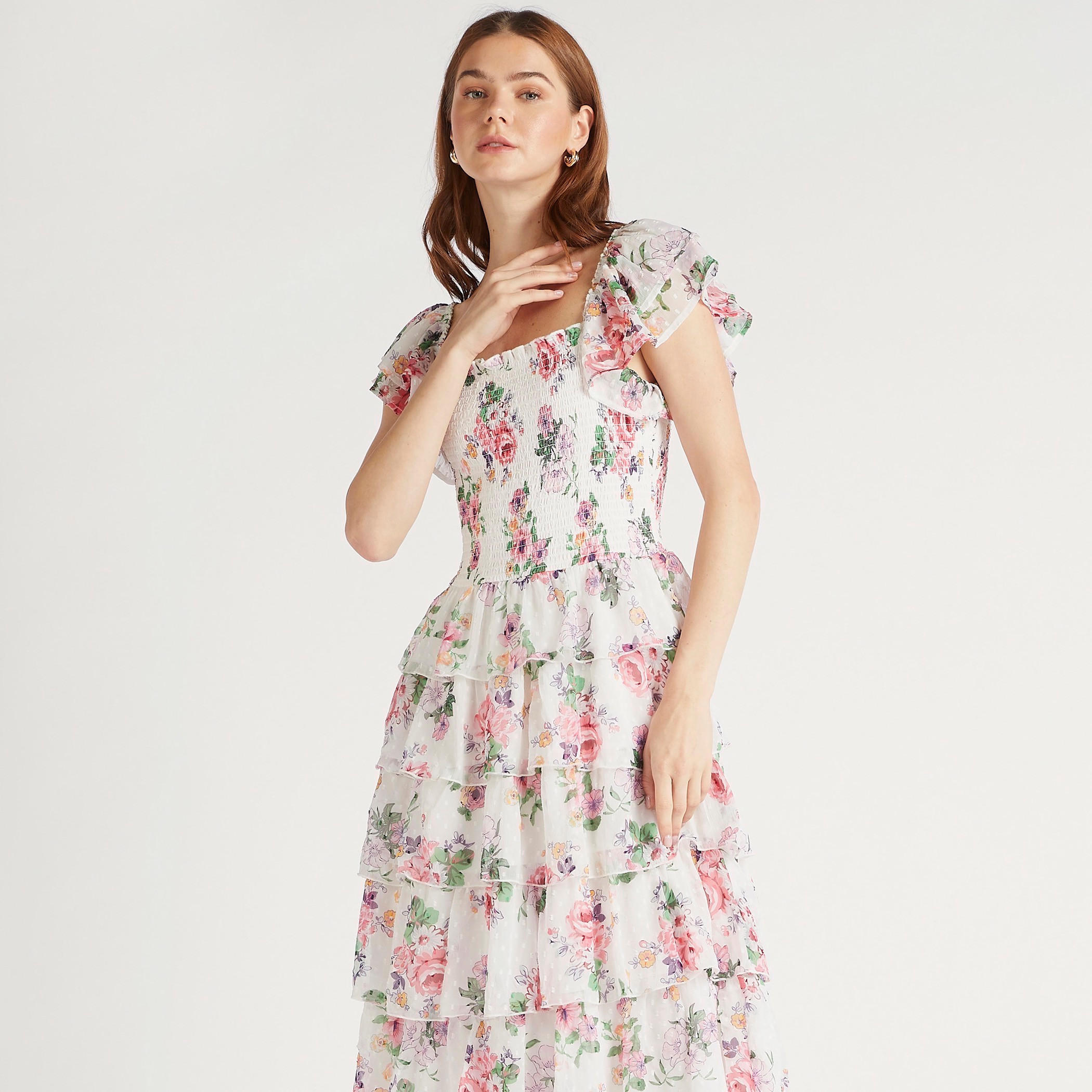 فستان طويل إيه لاين دون أكمام بياقة مربّعة وطبعات أزهار وتفاصيل كشكش-women-clothing-dresses-image-5