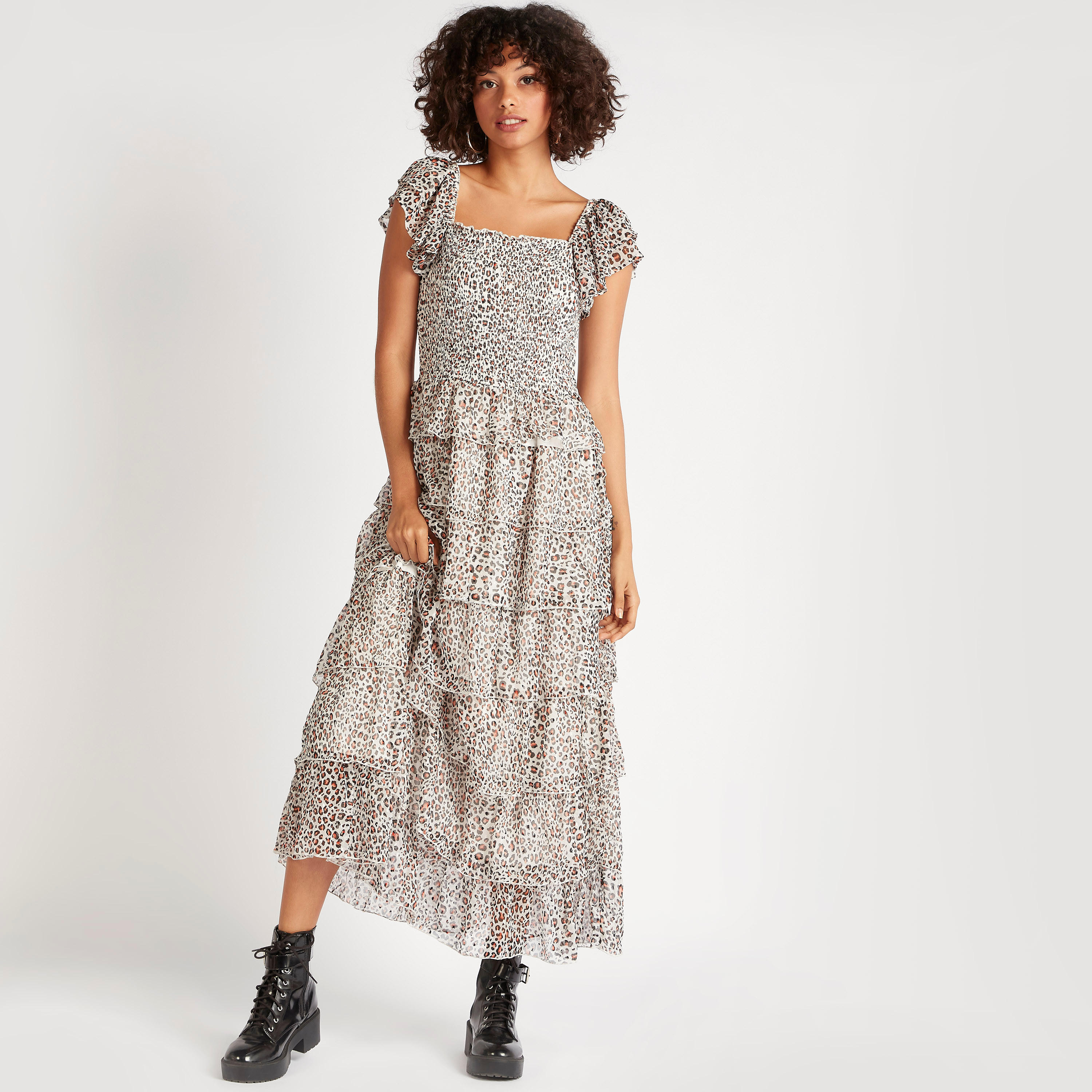 فستان ميدي إيه لاين بطبعات حيوانات وتفاصيل كشكش-women-clothing-dresses-image-2