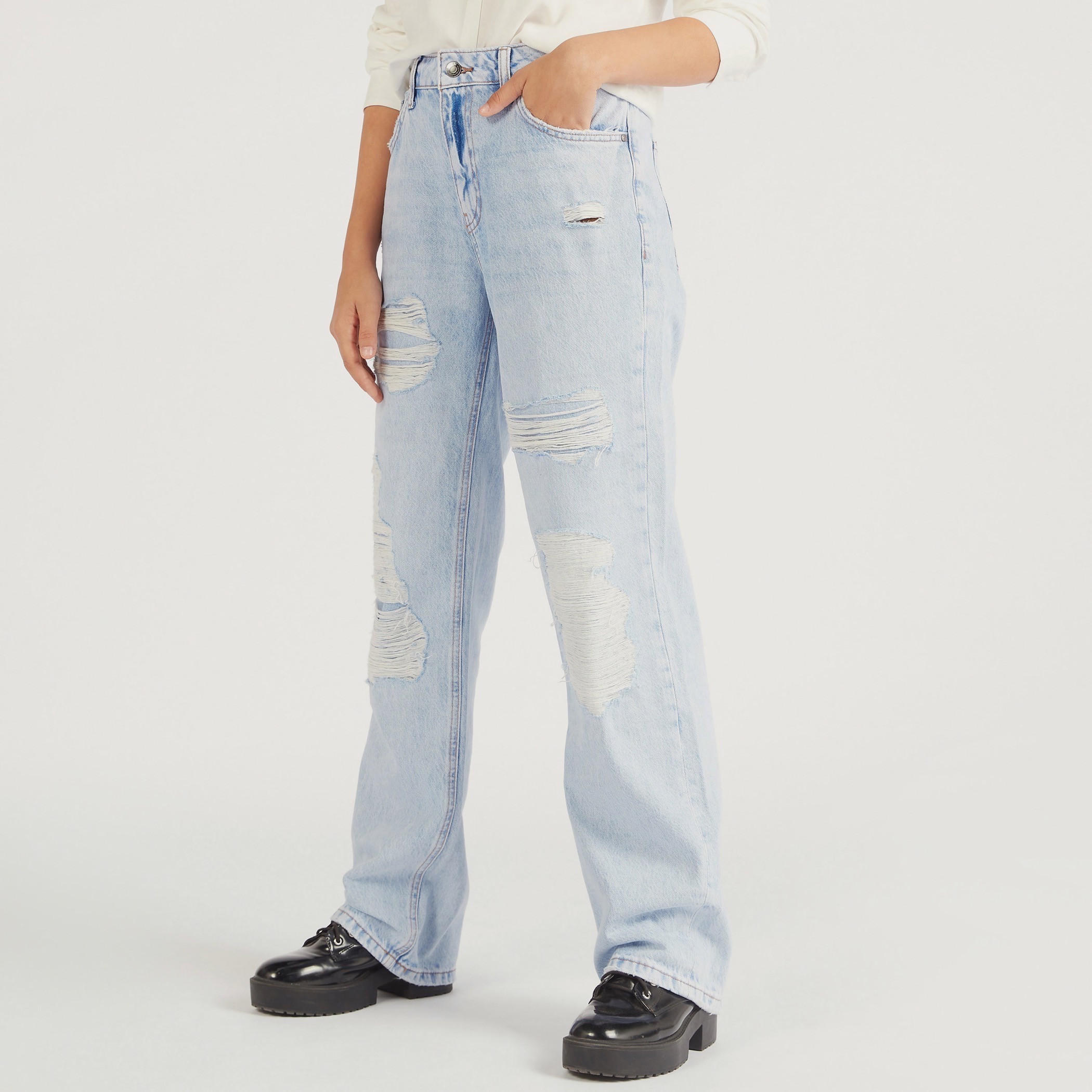 بنطلون جينز مضلّع بقصّة مستقيمة وخصر مرتفع وجيوب وزر إغلاق-women-clothing-bottoms-jeans-image-1