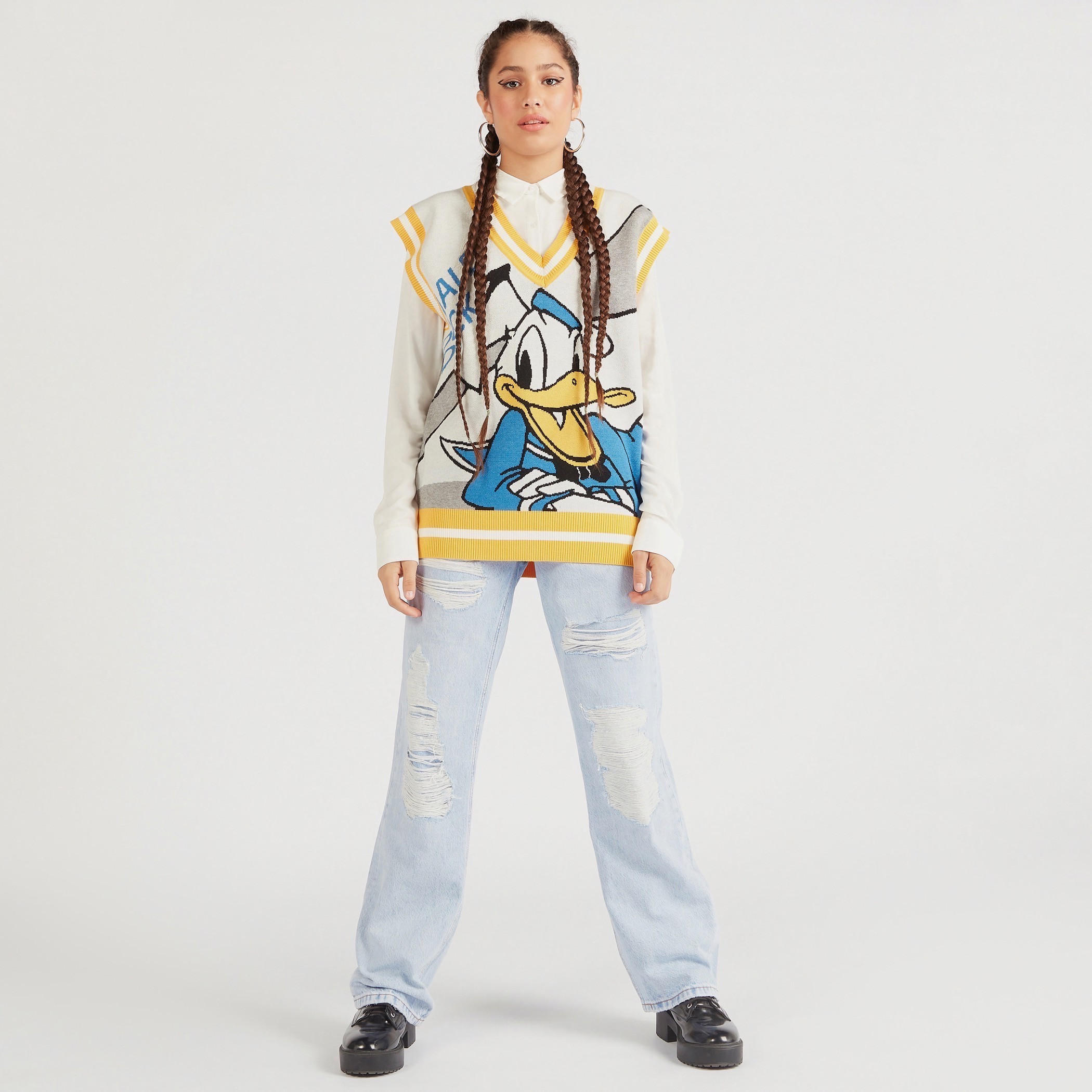 بنطلون جينز مضلّع بقصّة مستقيمة وخصر مرتفع وجيوب وزر إغلاق-women-clothing-bottoms-jeans-image-2