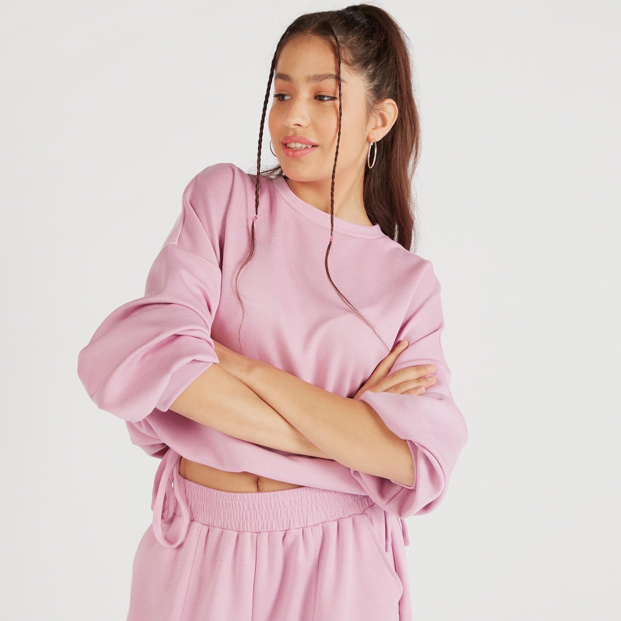 Solid Crew Neck Sweatshirt with Long Sleeves and Waist Tie-Ups-women-winterwear-hoodiesandsweatshirts-sweatshirts-image-1