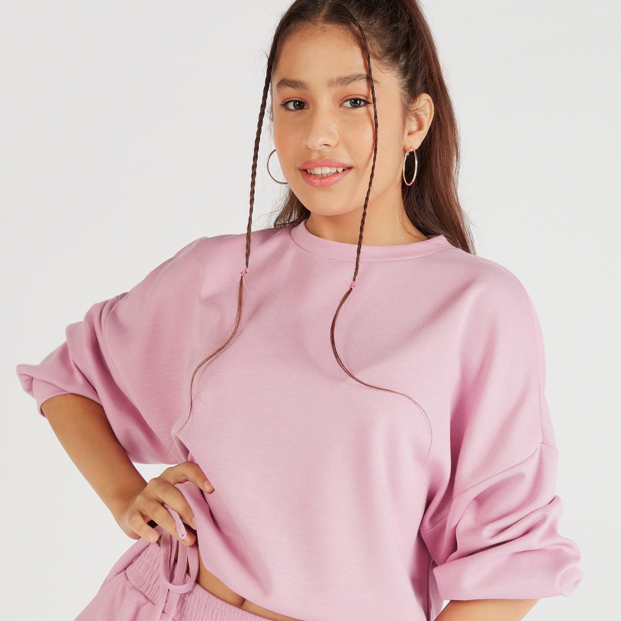 Solid Crew Neck Sweatshirt with Long Sleeves and Waist Tie-Ups-women-winterwear-hoodiesandsweatshirts-sweatshirts-image-5