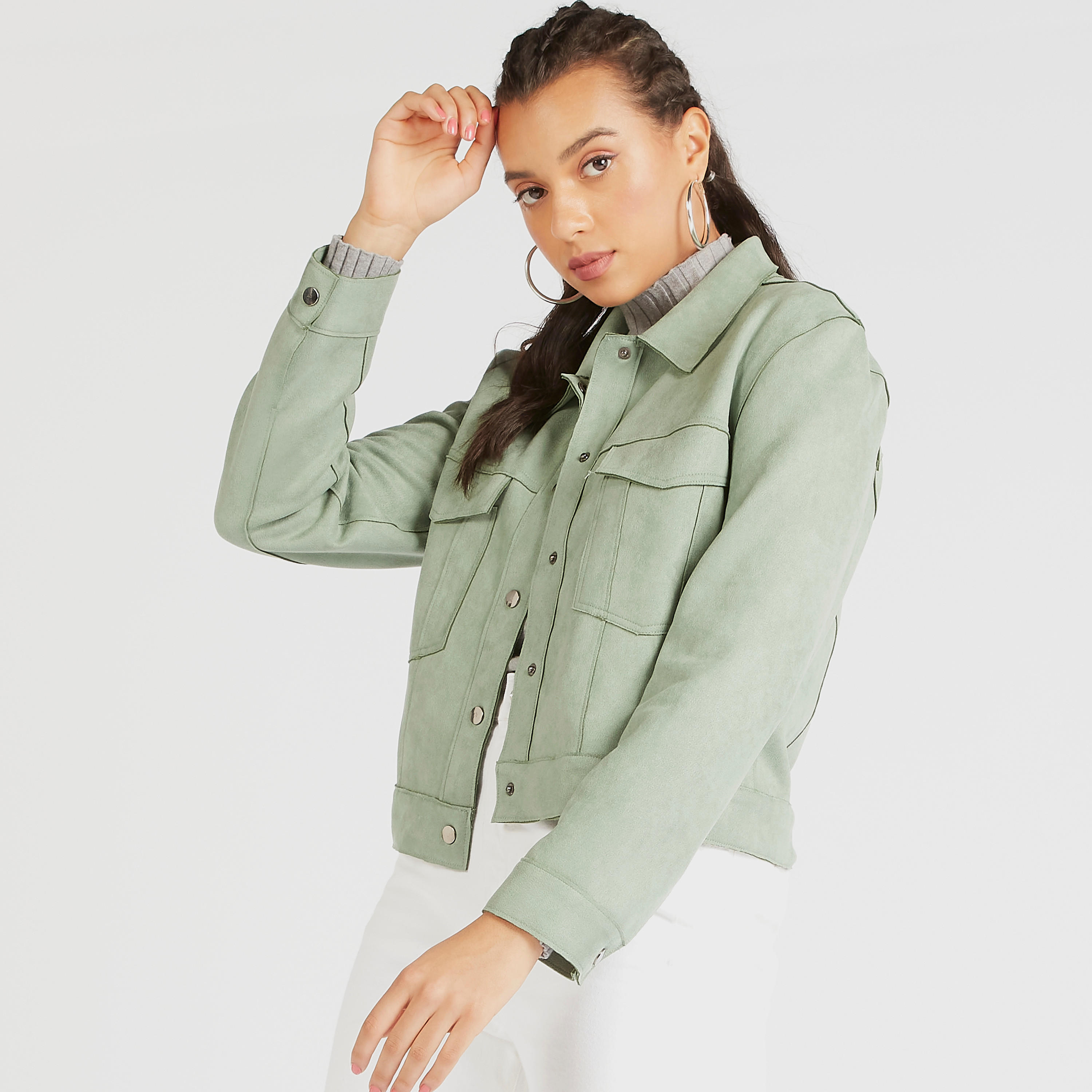 جاكيت خفيف سادة بزر علوي وأكمام طويلة وجيوب-women-winterwear-coatsandjackets-jackets-image-2