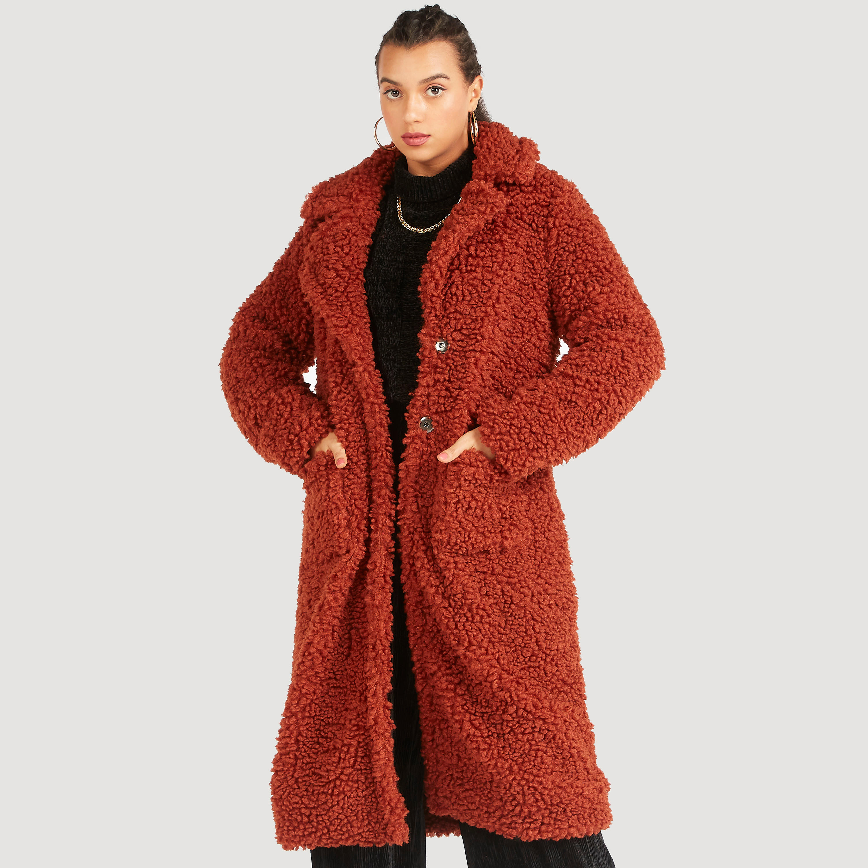 Fleece Coat with Long Sleeves and Lapel Collar-women-clothing-coatsandjackets-coats-image-1