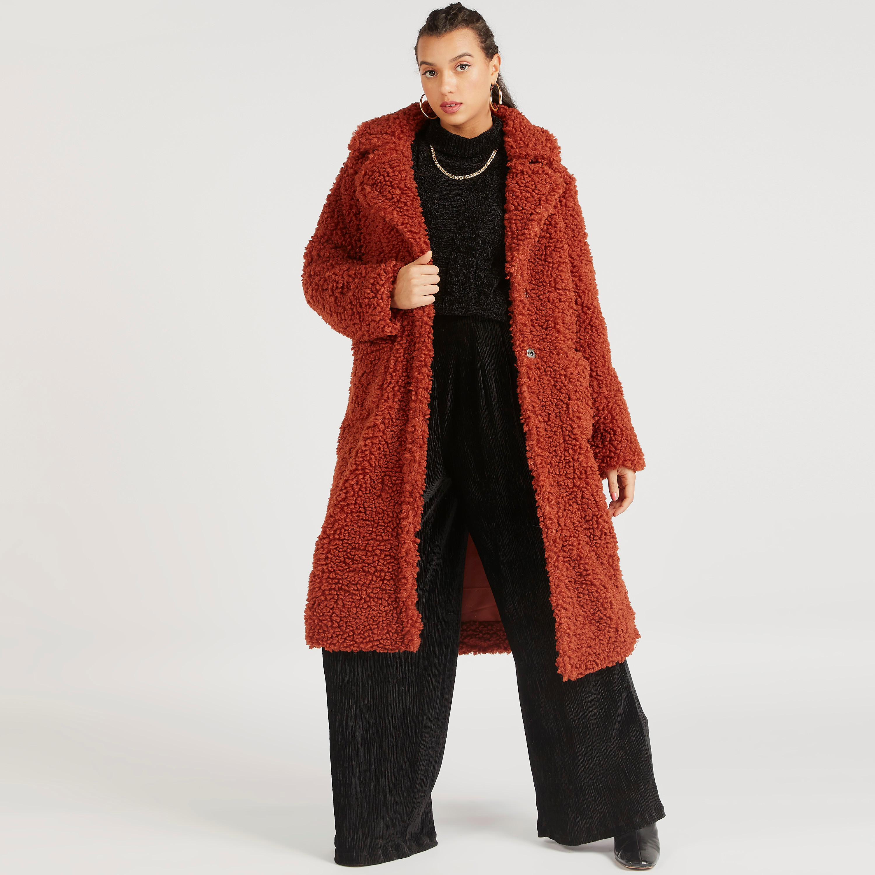 Fleece Coat with Long Sleeves and Lapel Collar-women-clothing-coatsandjackets-coats-image-2