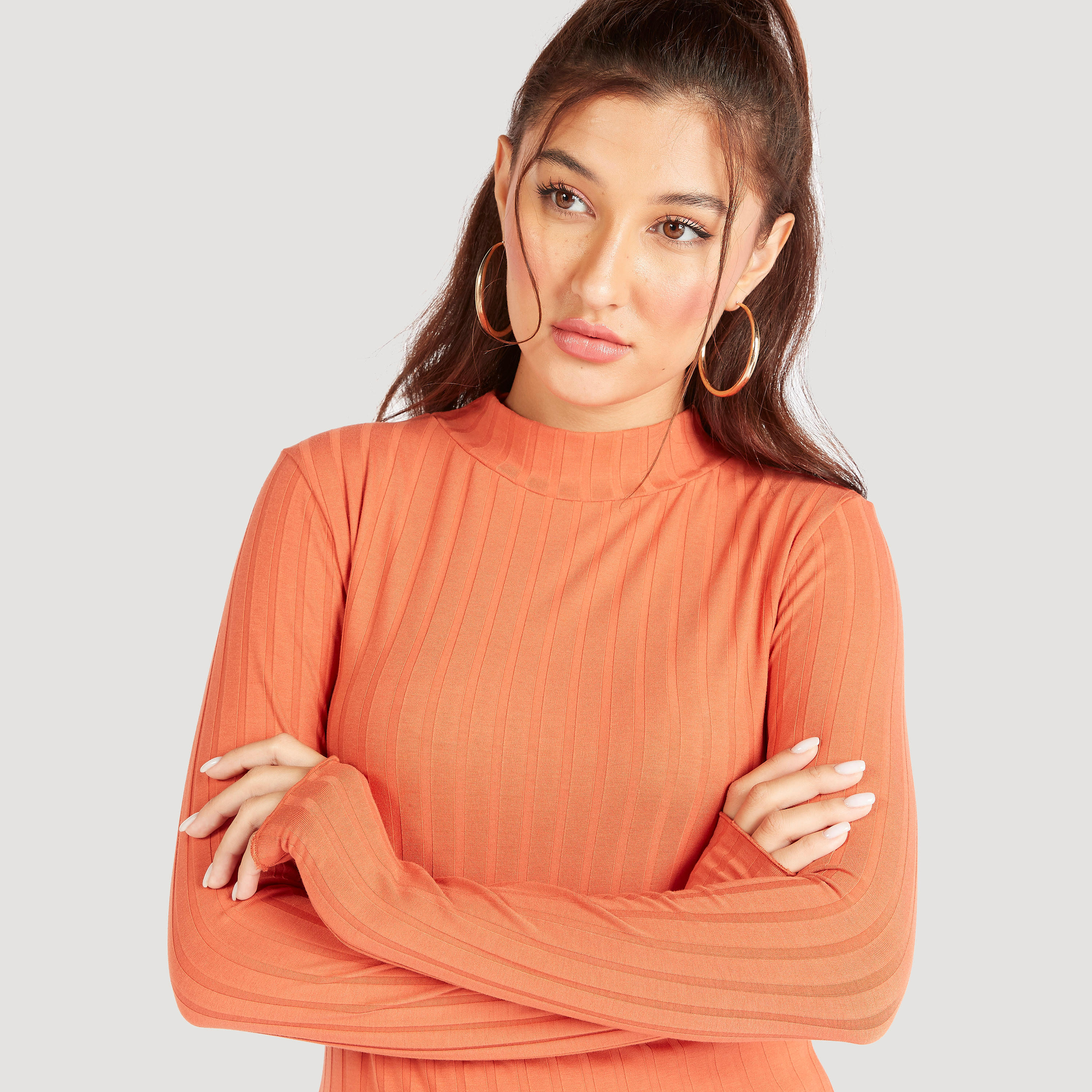 تيشيرت بارز الملمس بياقة عالية وأكمام طويلة-women-clothing-tshirts-image-5