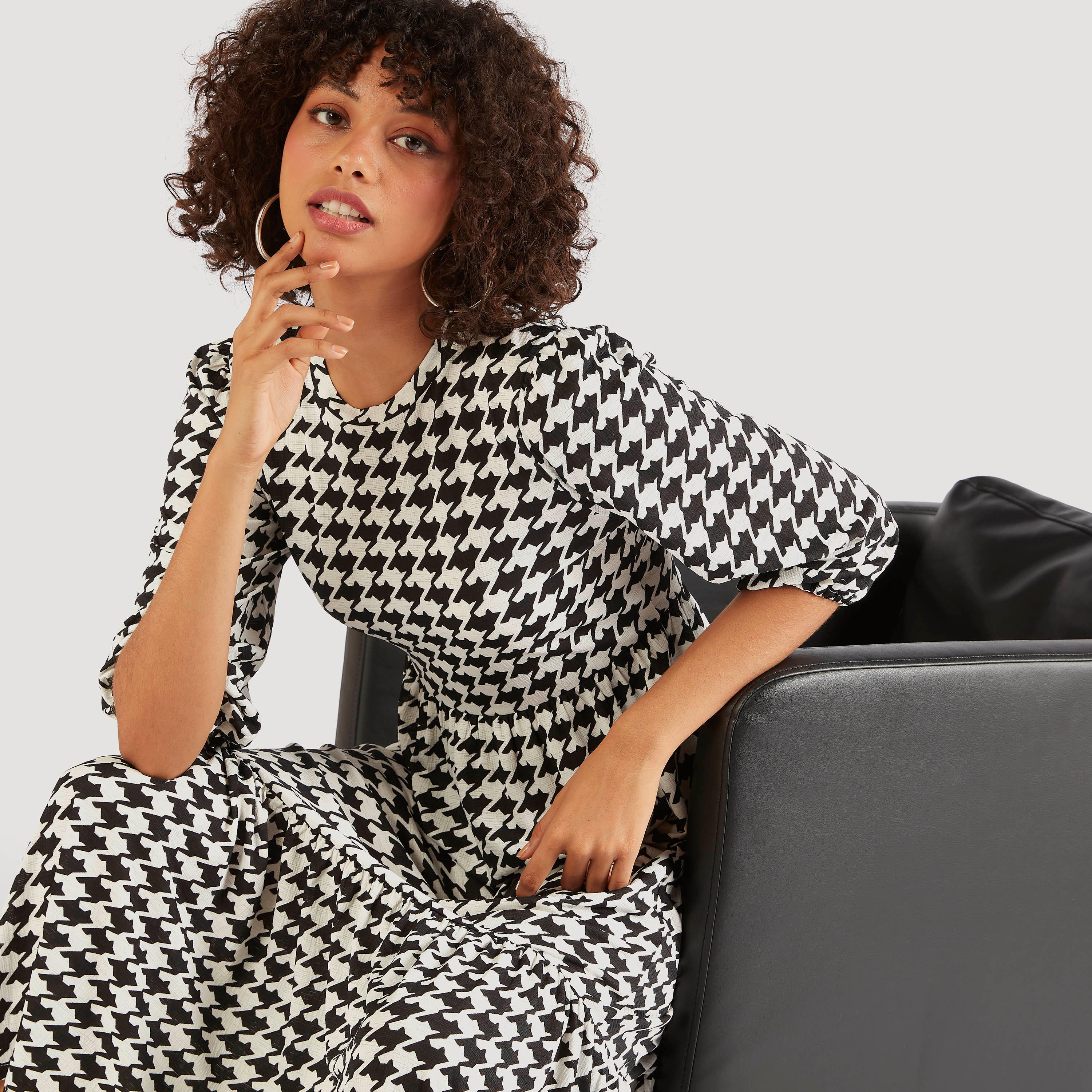 فستان مستدام كاروهات أبيض وأسود طويل إيه لاين بأكمام 3/4-women-clothing-dresses-image-6