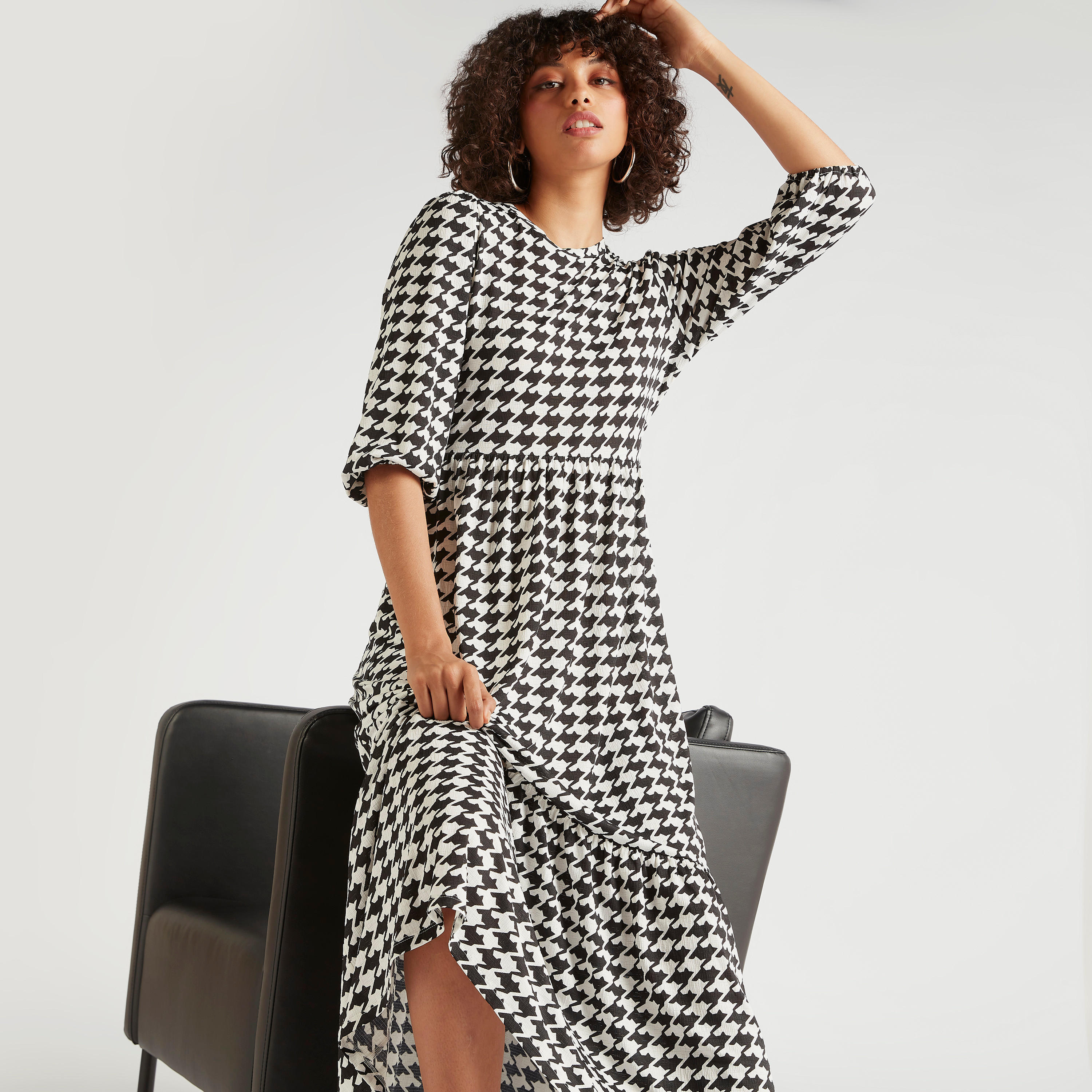 فستان مستدام كاروهات أبيض وأسود طويل إيه لاين بأكمام 3/4-women-clothing-dresses-image-7