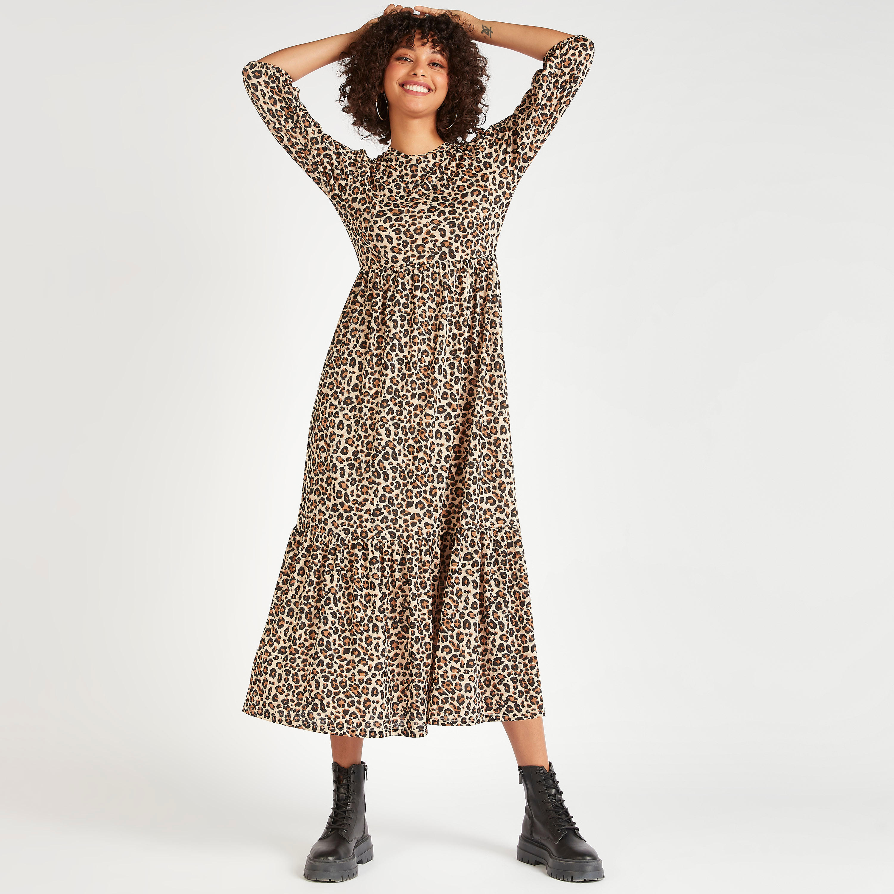 فستان إيه لاين طويل بطبعات حيوانات وأكمام 3/4-women-clothing-dresses-image-1