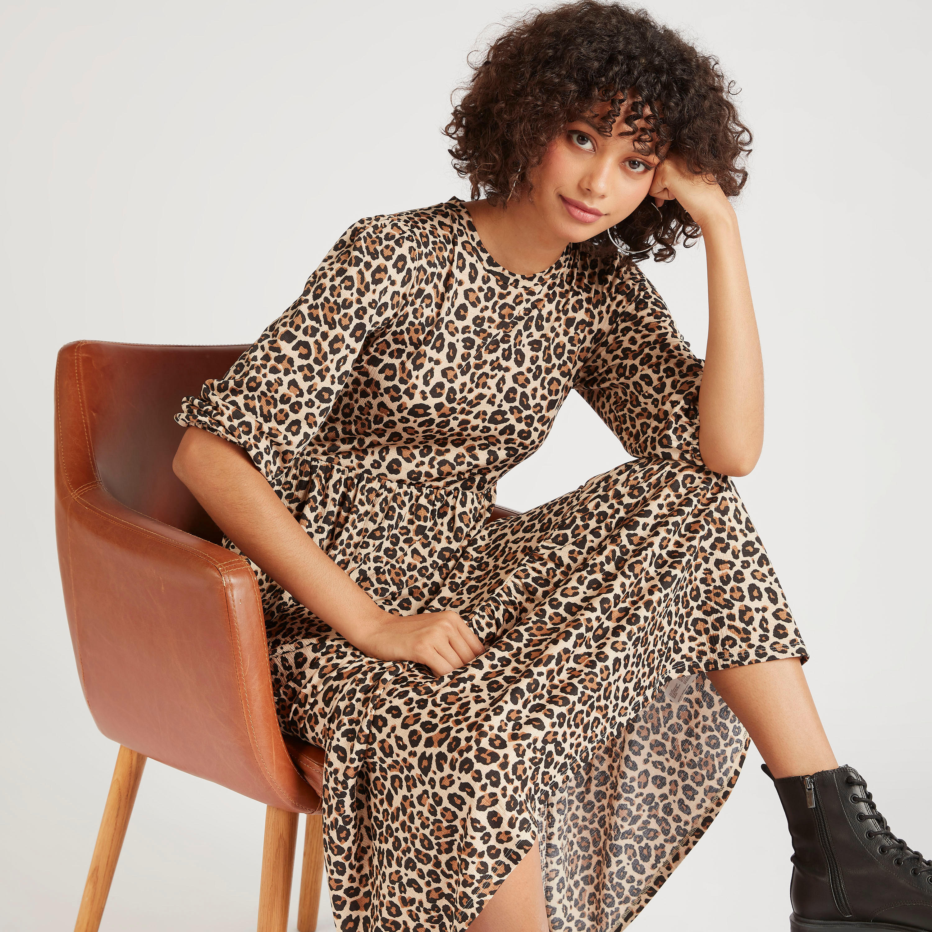 فستان إيه لاين طويل بطبعات حيوانات وأكمام 3/4-women-clothing-dresses-image-2