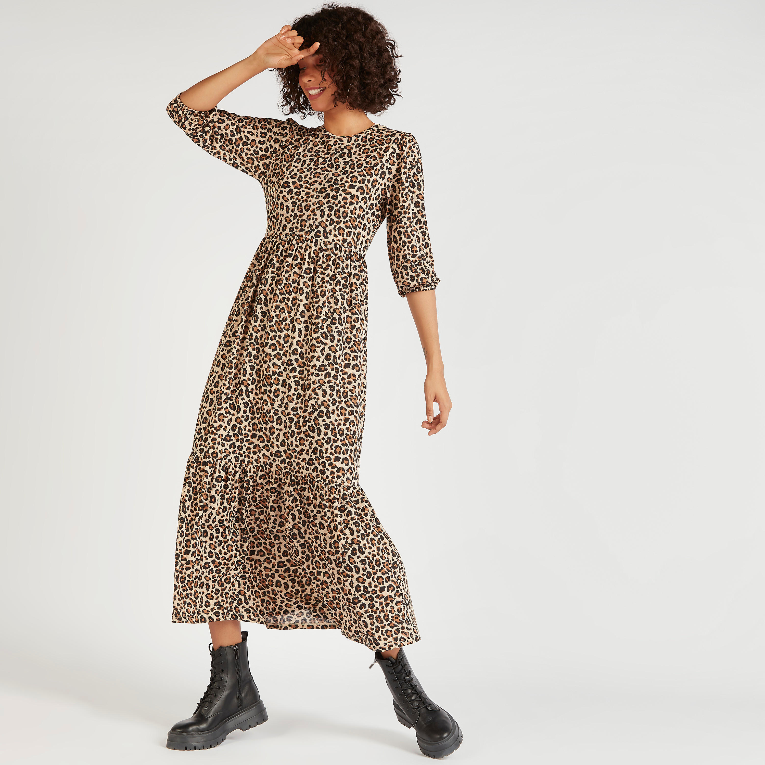 فستان إيه لاين طويل بطبعات حيوانات وأكمام 3/4-women-clothing-dresses-image-6
