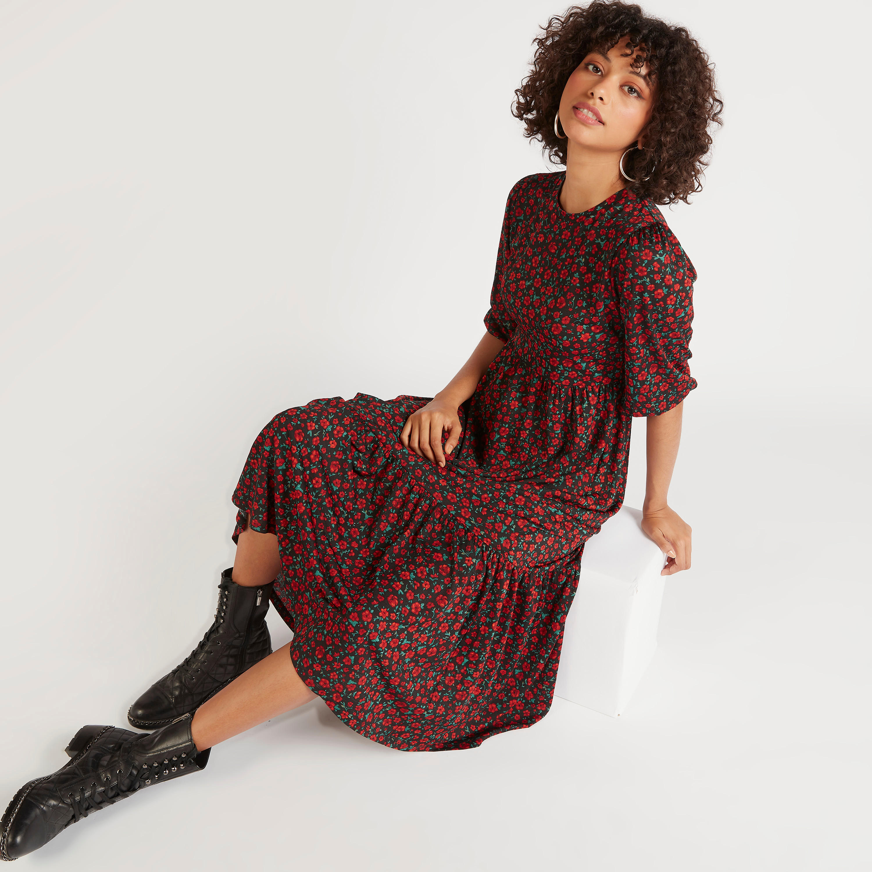 فستان إيه لاين طويل بياقة ضيقة وأكمام 3/4 وطبعات أزهار-women-clothing-dresses-image-1