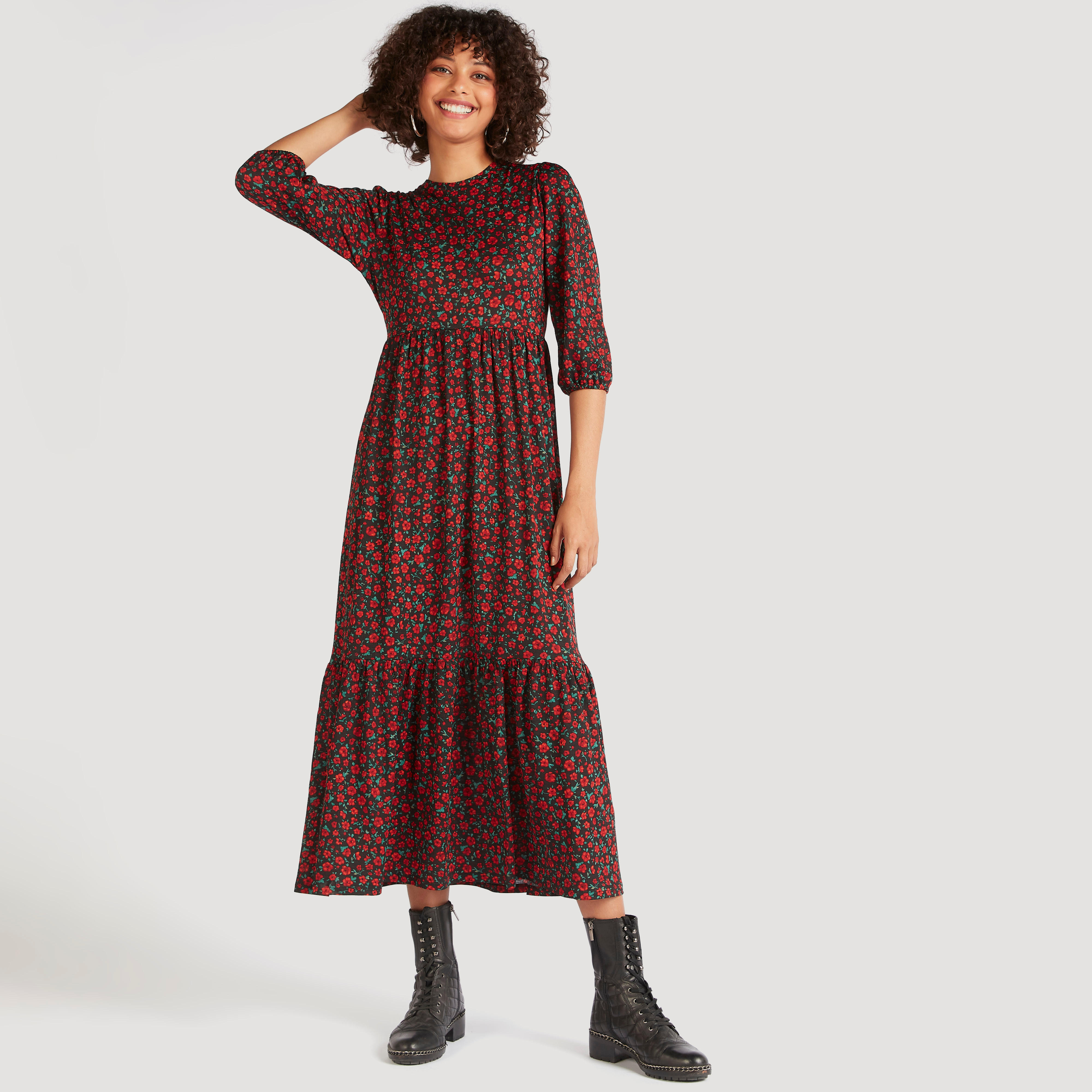 فستان إيه لاين طويل بياقة ضيقة وأكمام 3/4 وطبعات أزهار-women-clothing-dresses-image-2