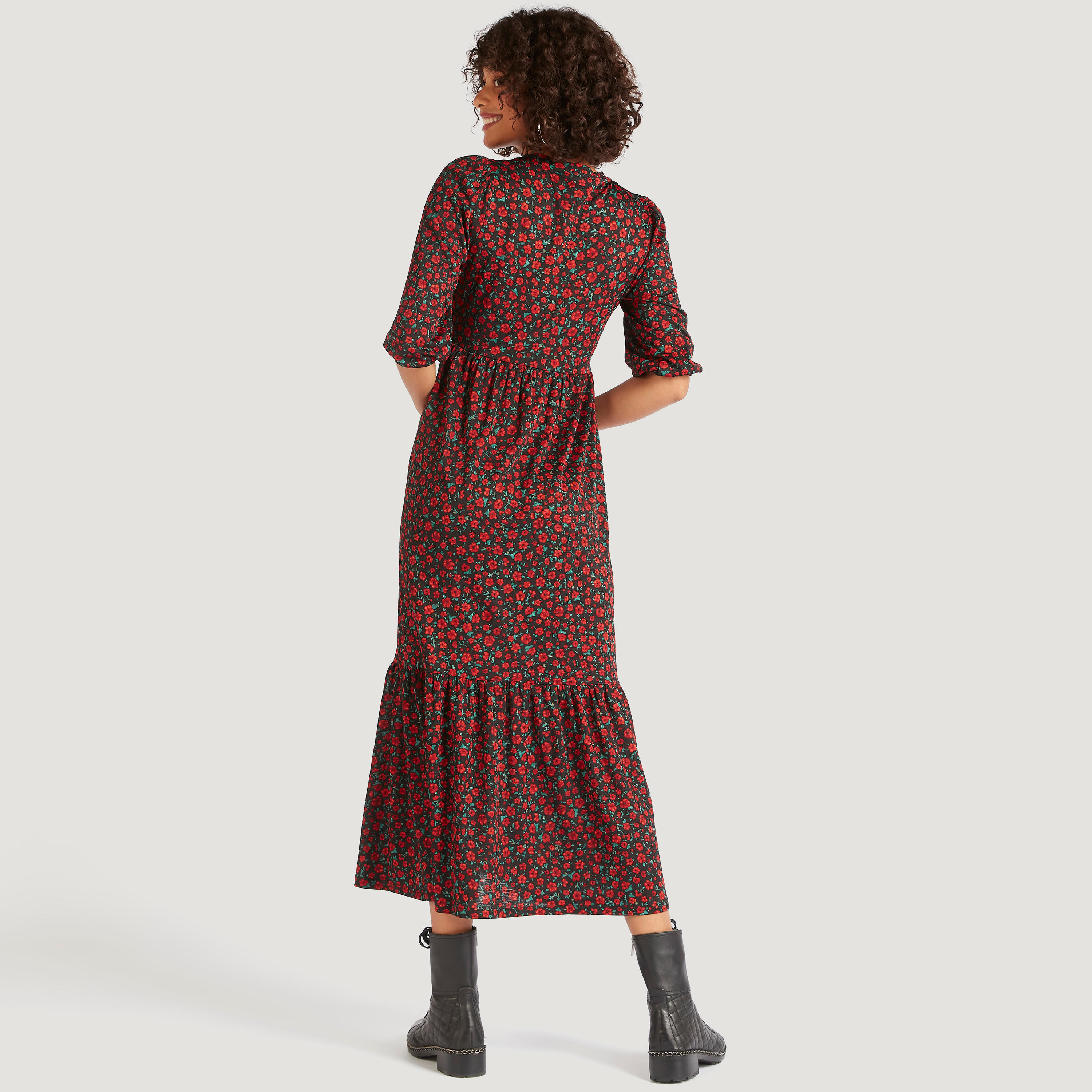 فستان إيه لاين طويل بياقة ضيقة وأكمام 3/4 وطبعات أزهار-women-clothing-dresses-image-4