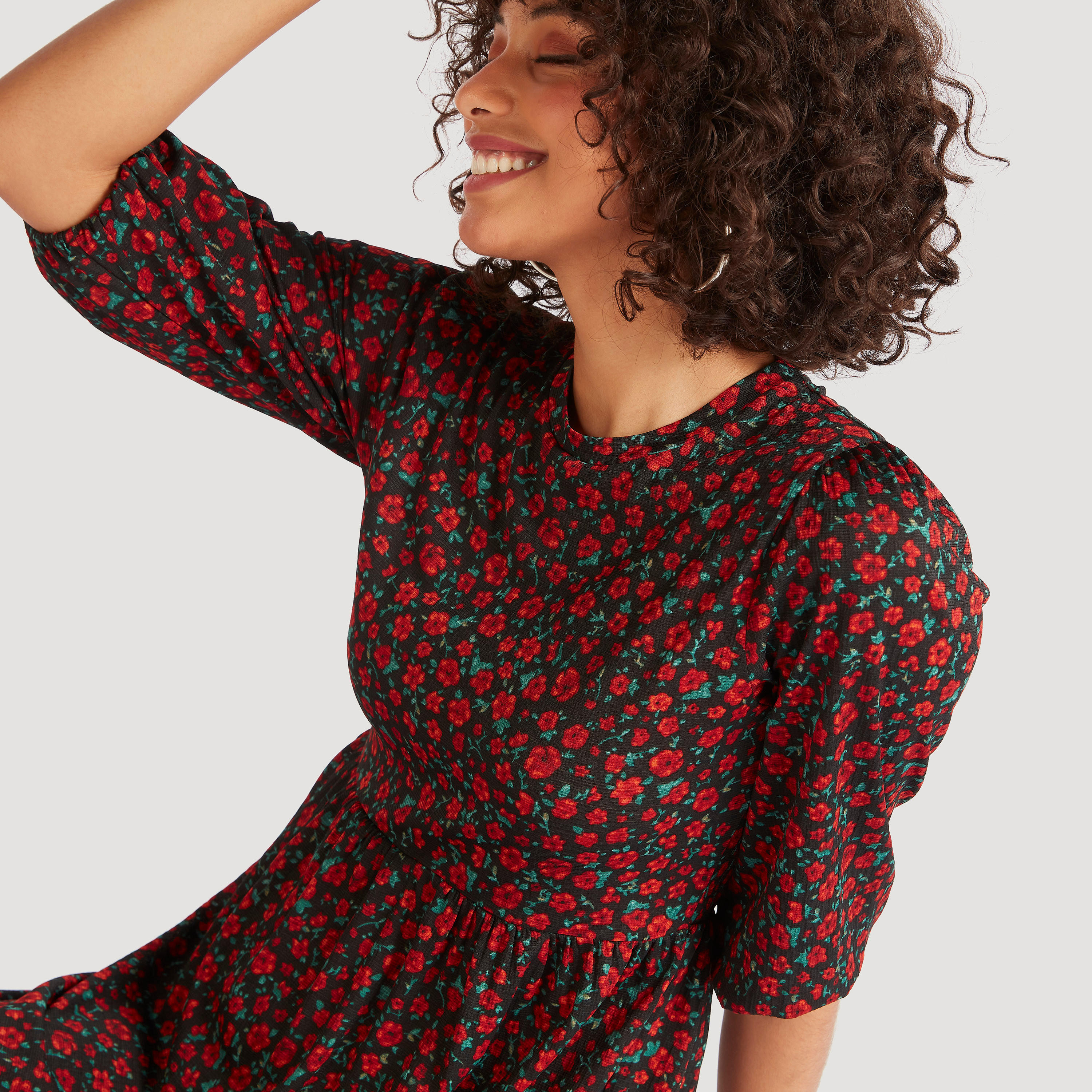 فستان إيه لاين طويل بياقة ضيقة وأكمام 3/4 وطبعات أزهار-women-clothing-dresses-image-5