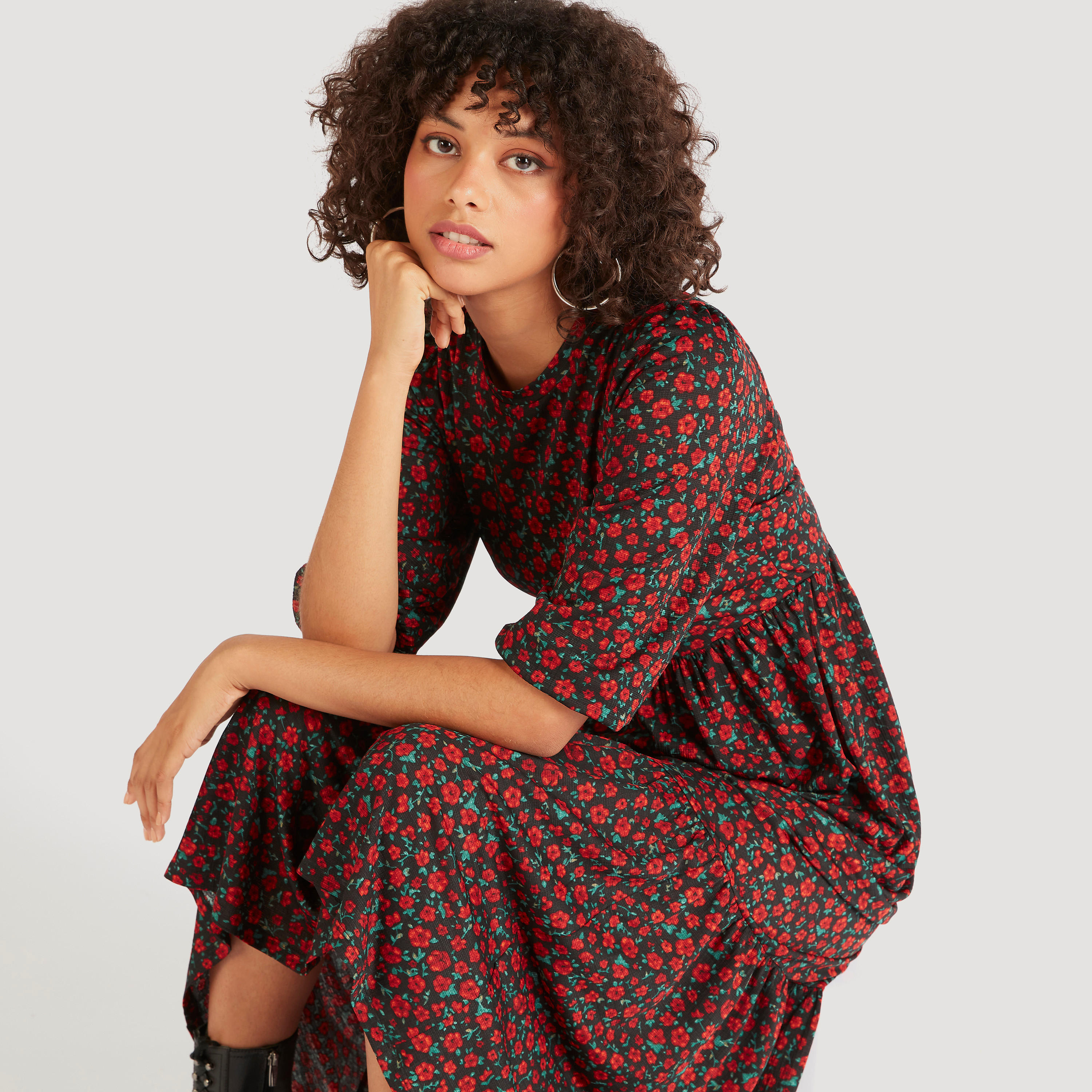 فستان إيه لاين طويل بياقة ضيقة وأكمام 3/4 وطبعات أزهار-women-clothing-dresses-image-6