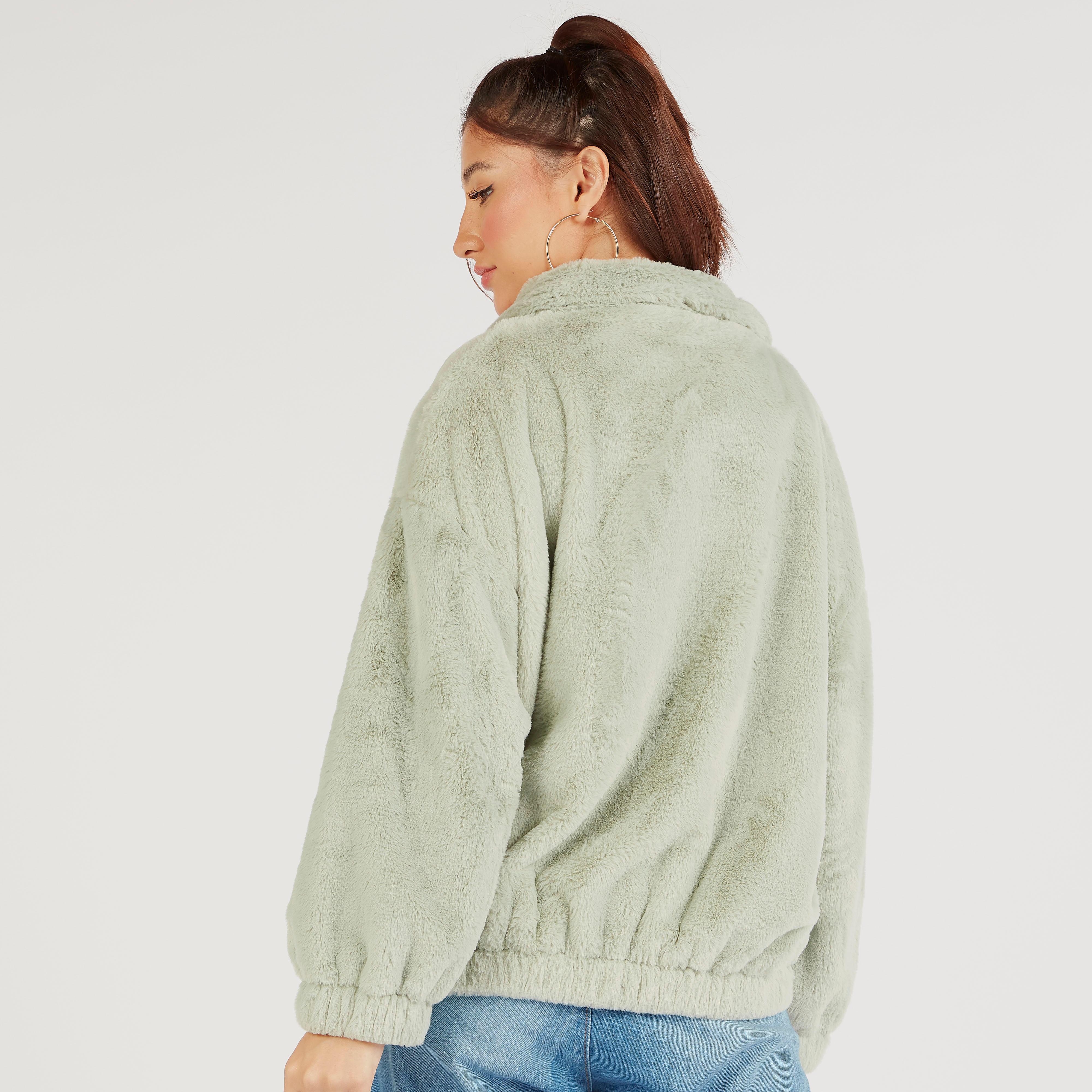 جاكيت صوف بارز الملمس بسحاب وياقة عادية وأكمام طويلة-women-winterwear-coatsandjackets-jackets-image-4