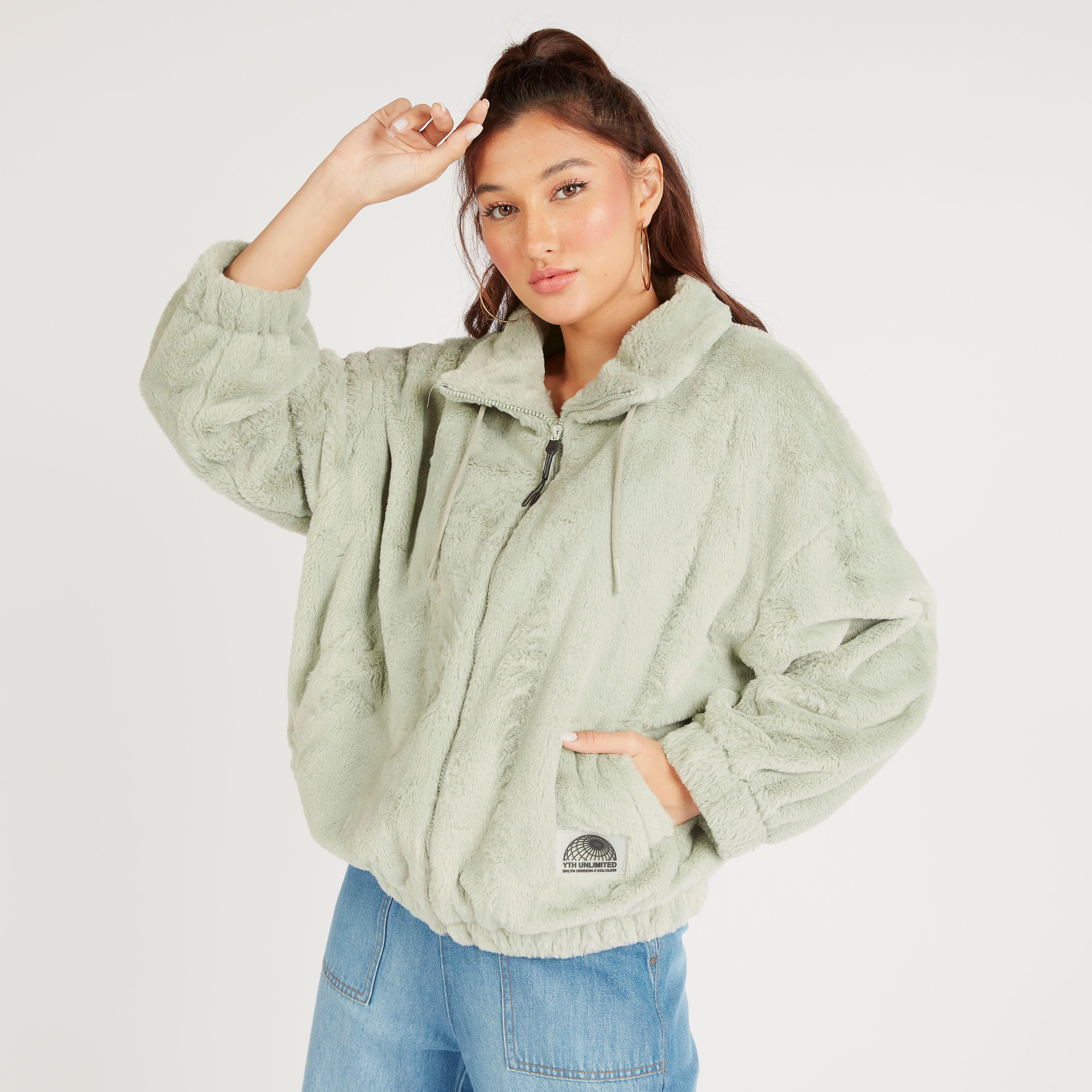 جاكيت صوف بارز الملمس بسحاب وياقة عادية وأكمام طويلة-women-winterwear-coatsandjackets-jackets-image-5