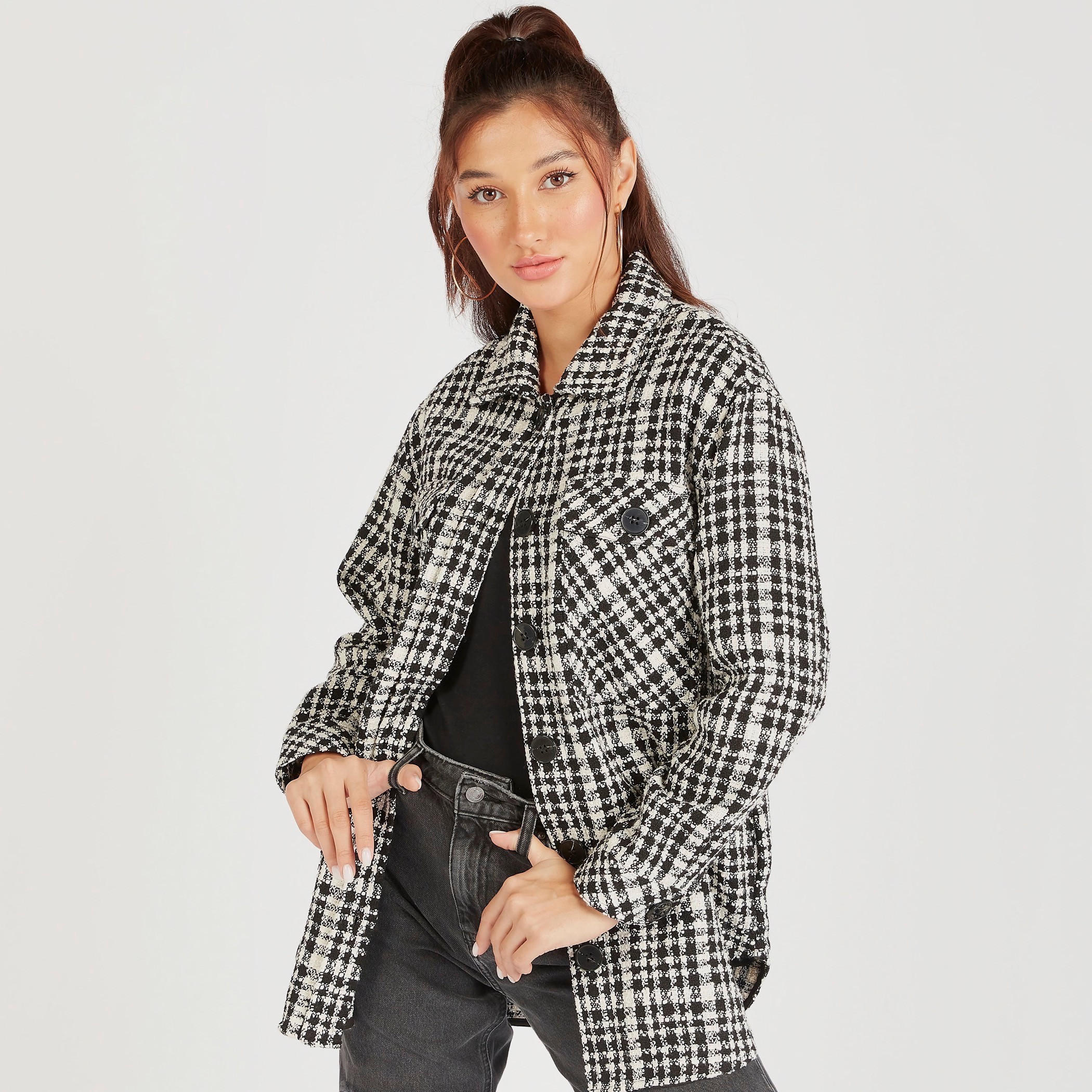 Checked Long Sleeves Jacket with Collar and Pockets-women-winterwear-coatsandjackets-jackets-image-1