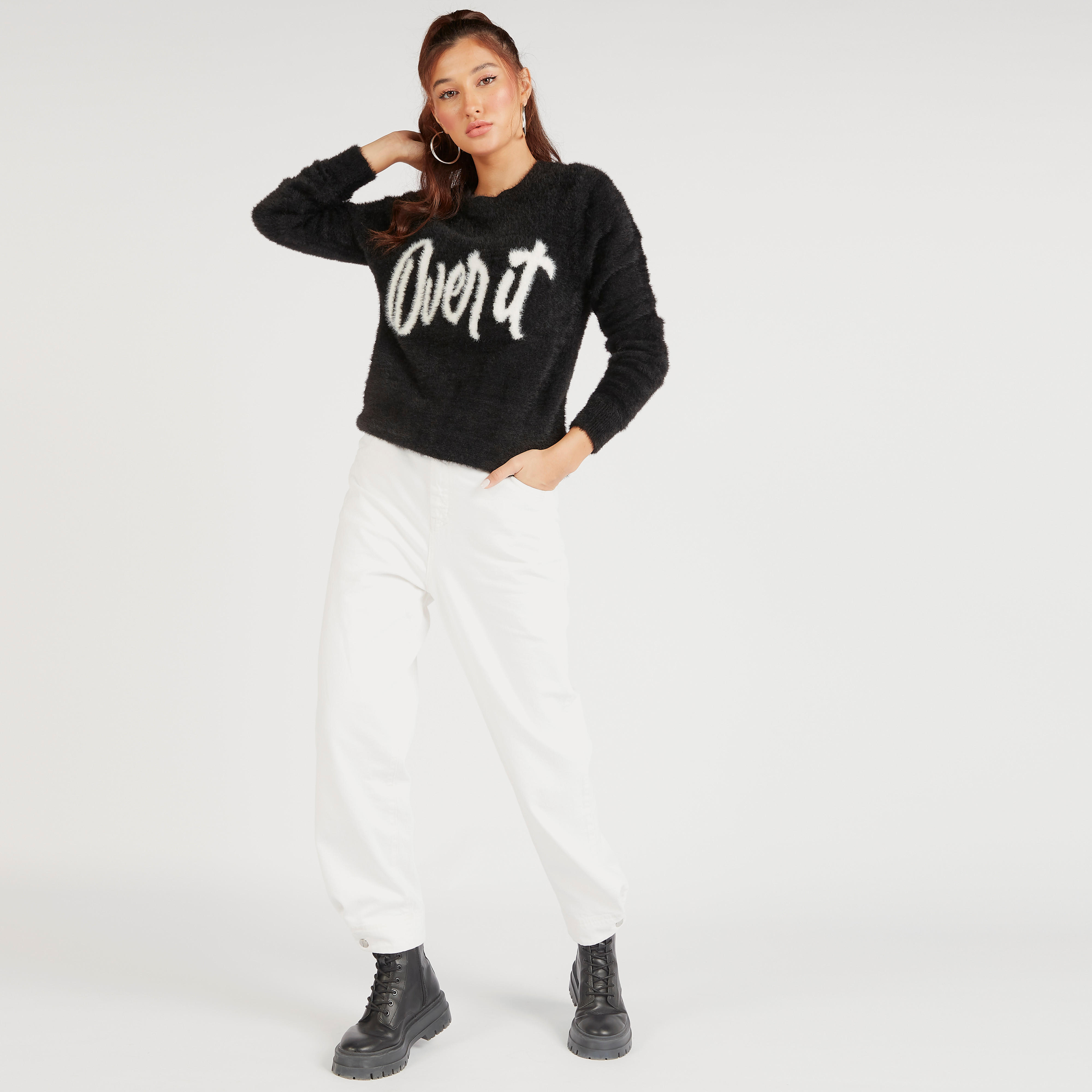 كنزة بياقة ضيقة وأكمام طويلة وملمس فرو بارز-women-clothing-cardigansandjumpers-jumpers-image-1