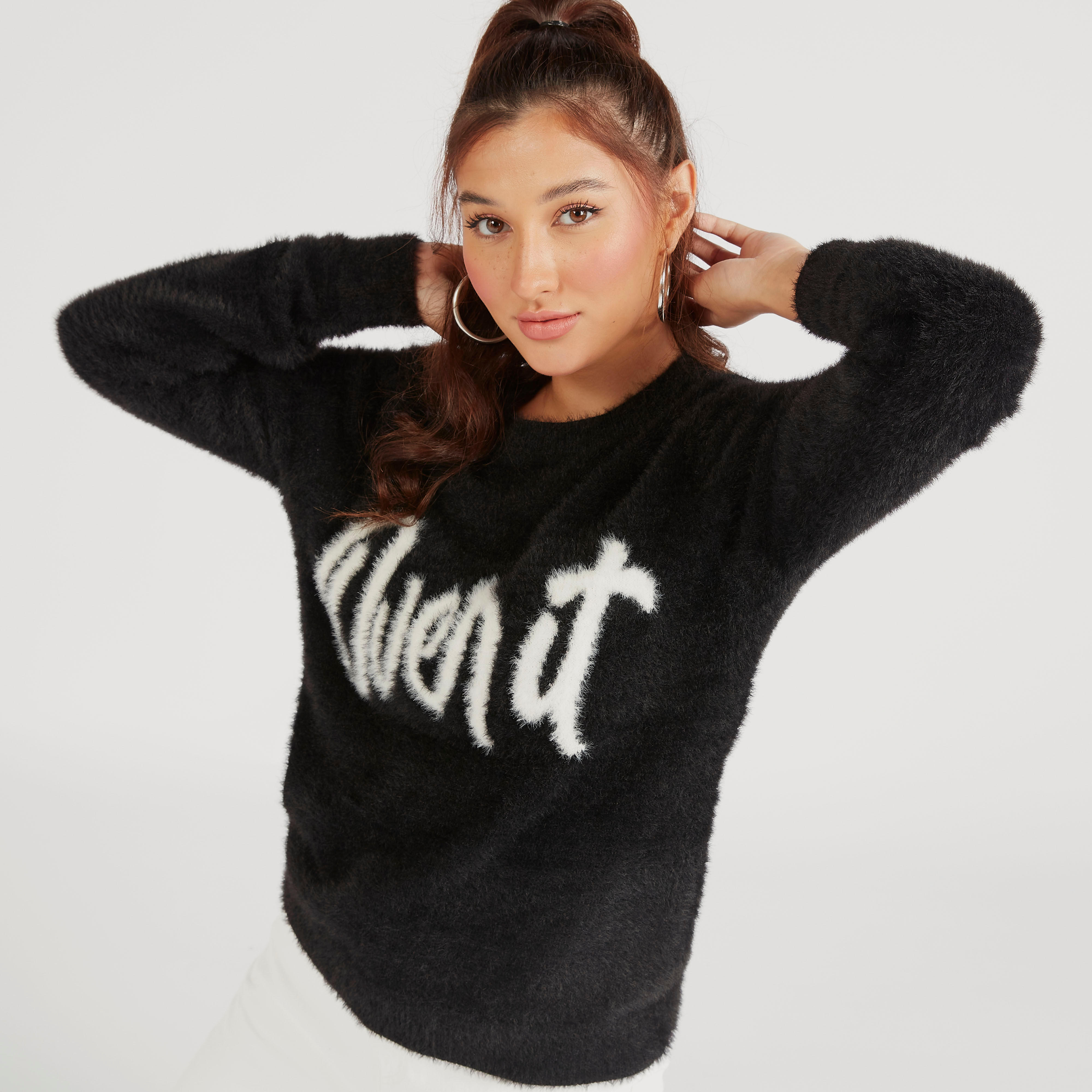 كنزة بياقة ضيقة وأكمام طويلة وملمس فرو بارز-women-clothing-cardigansandjumpers-jumpers-image-2