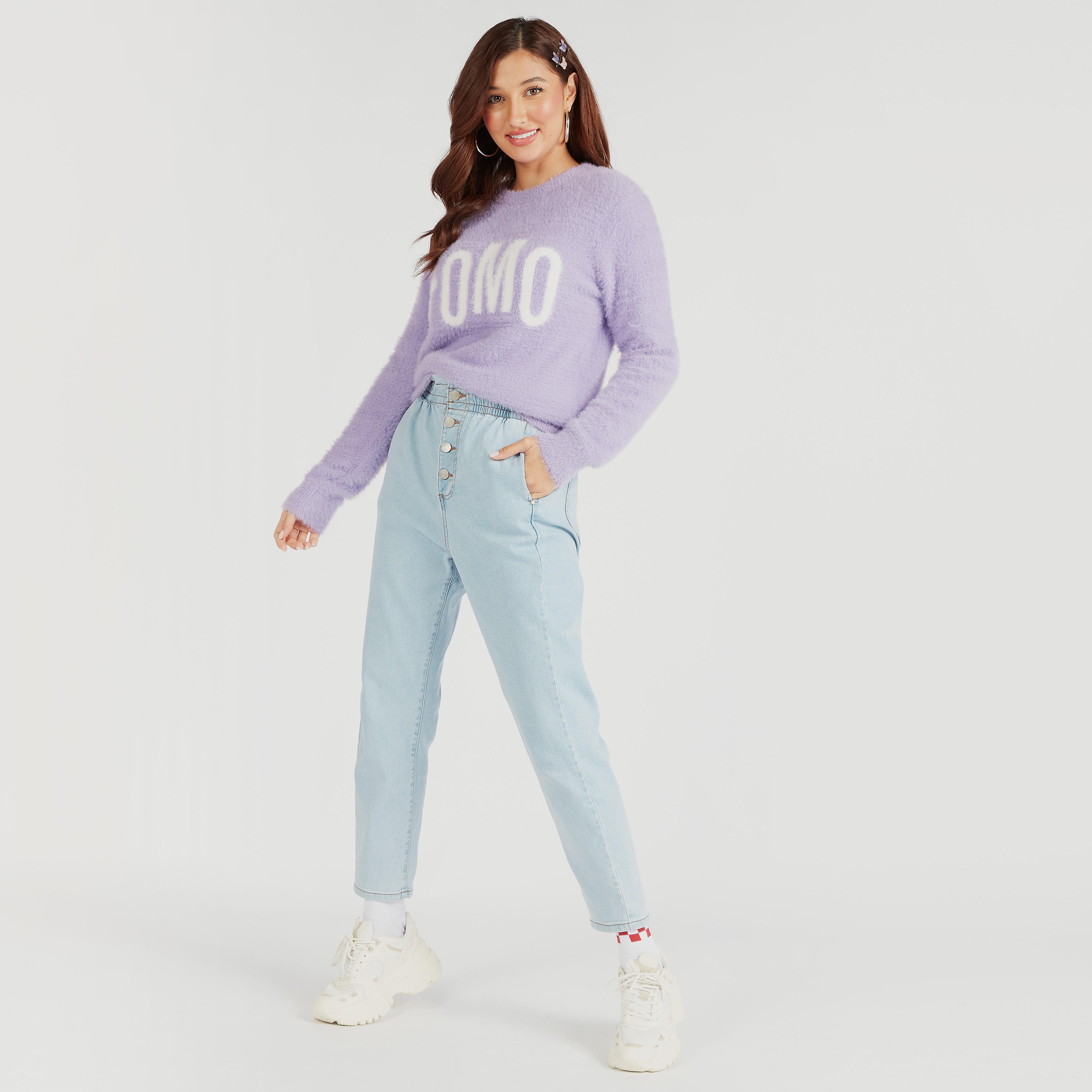 كنزة بياقة ضيقة وأكمام طويلة وملمس فرو بارز-women-clothing-cardigansandjumpers-jumpers-image-2