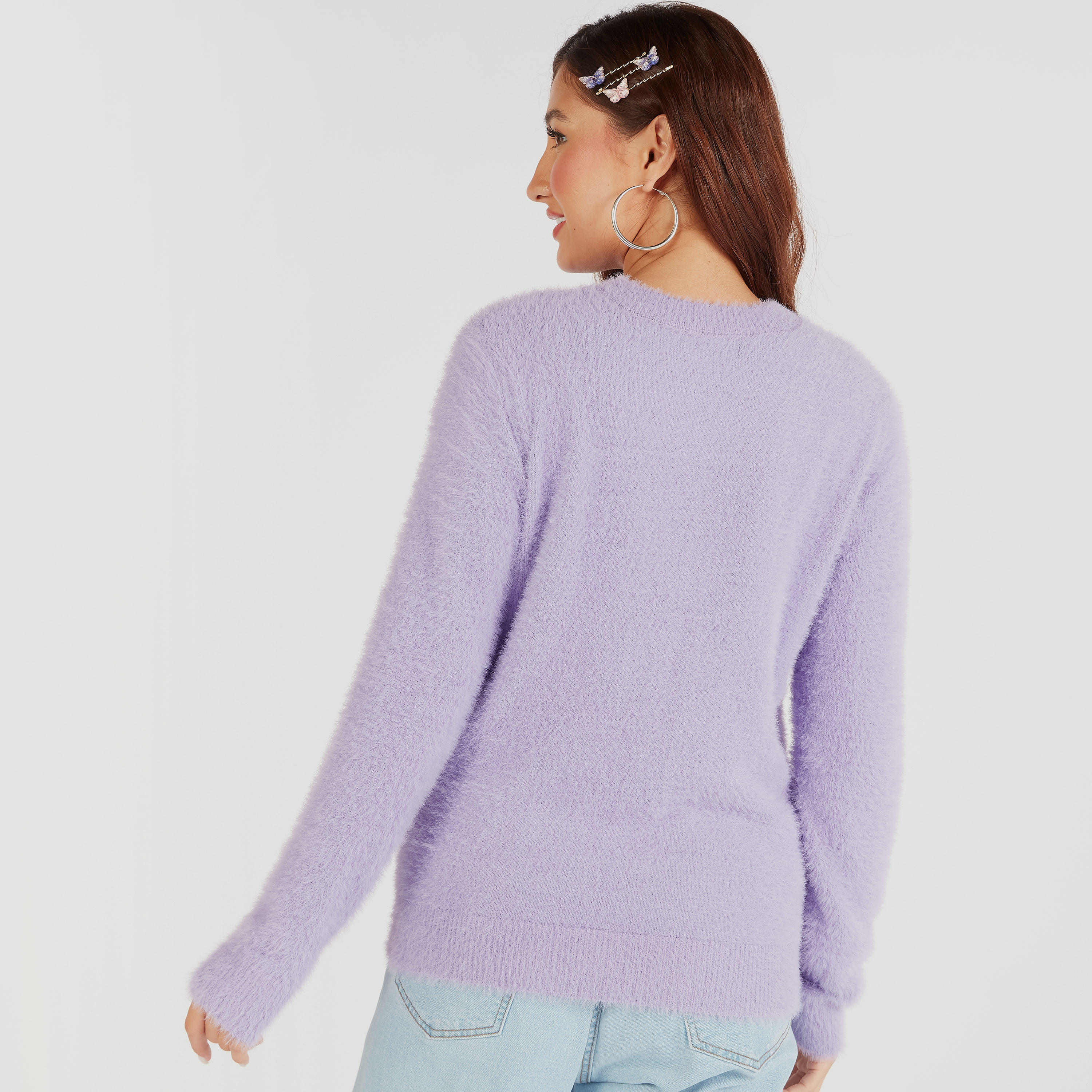 كنزة بياقة ضيقة وأكمام طويلة وملمس فرو بارز-women-clothing-cardigansandjumpers-jumpers-image-4