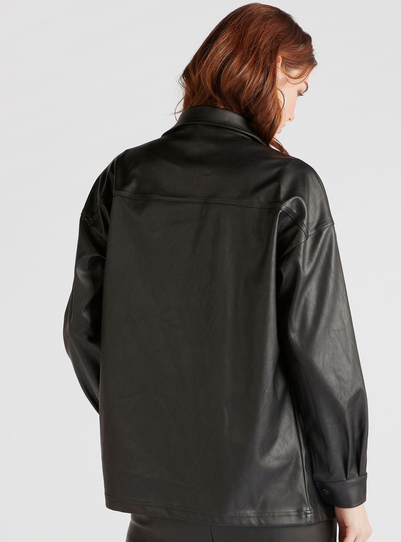 جاكيت سادة من الجلد الصناعي بجيوب وزر إغلاق-women-winterwear-coatsandjackets-jackets-image-2