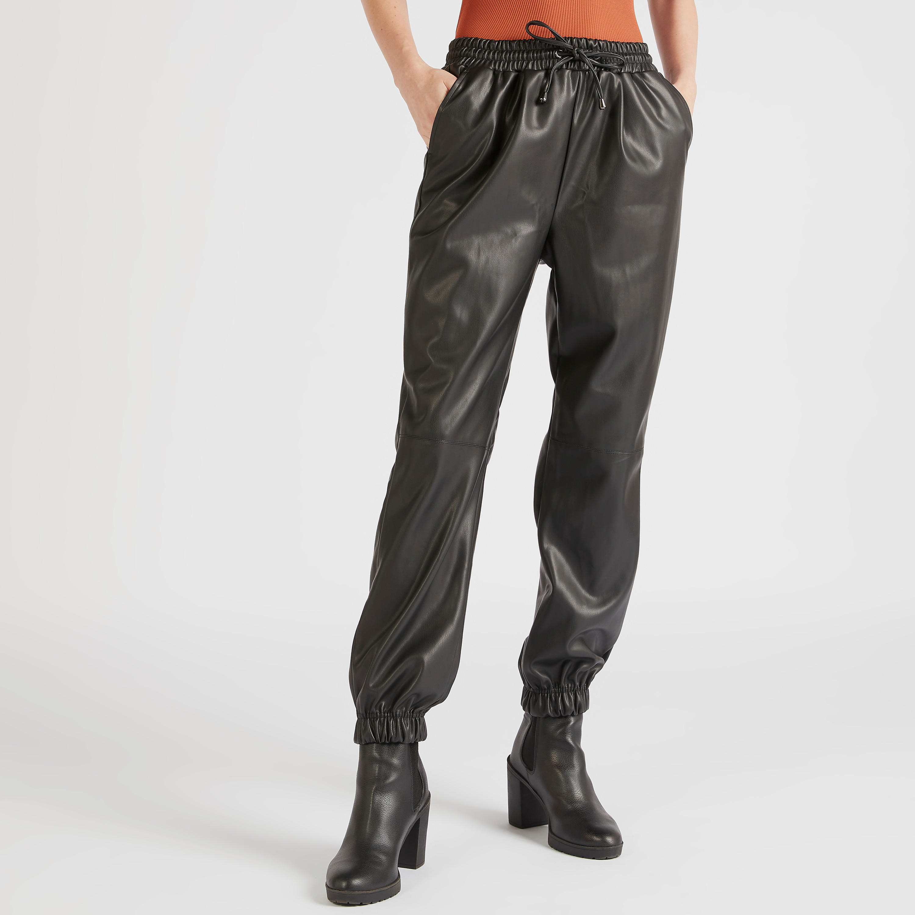 Solid Cuffed Leather Pants with Pockets and Drawstring Closure-women-clothing-bottoms-trousers-image-1