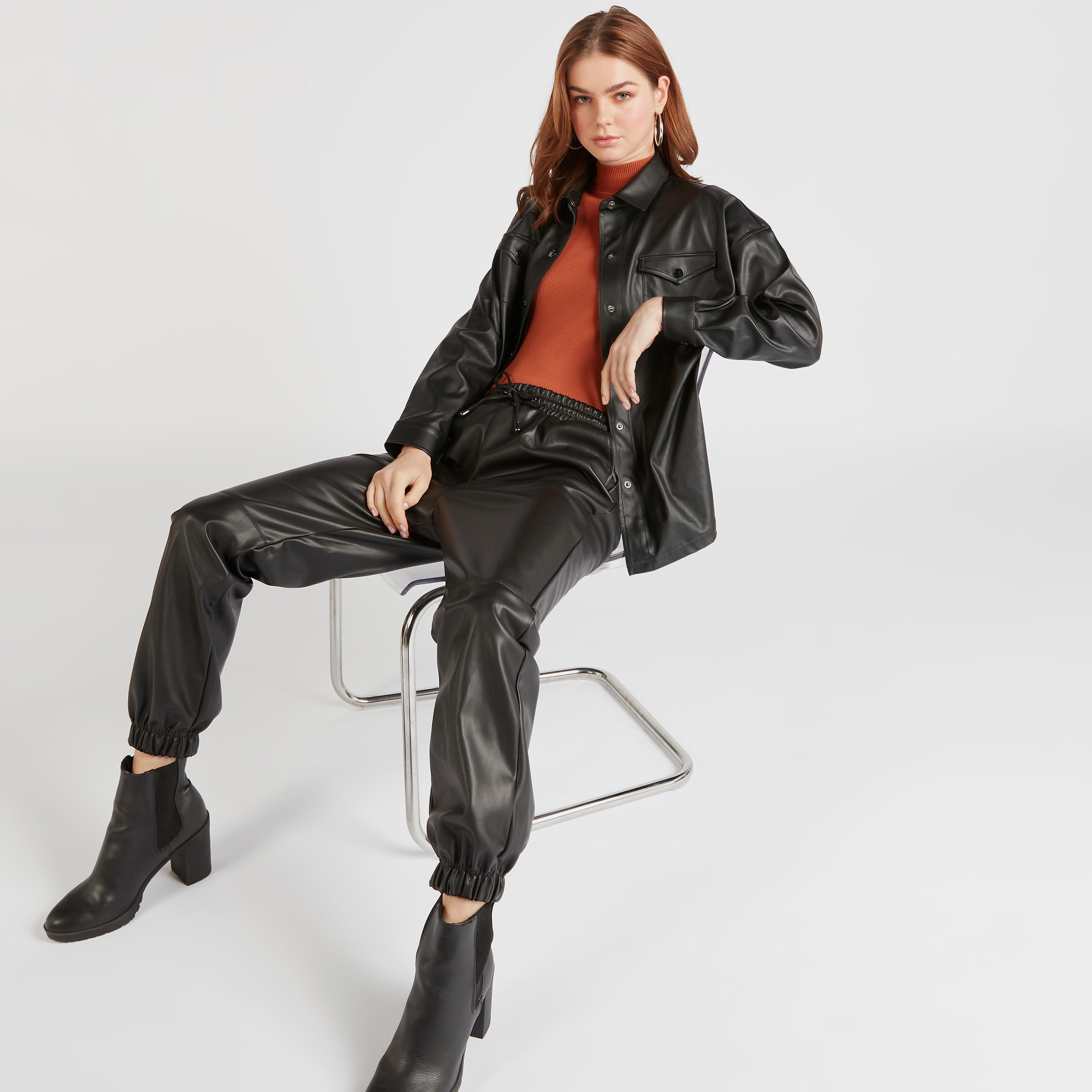 Solid Cuffed Leather Pants with Pockets and Drawstring Closure-women-clothing-bottoms-trousers-image-2