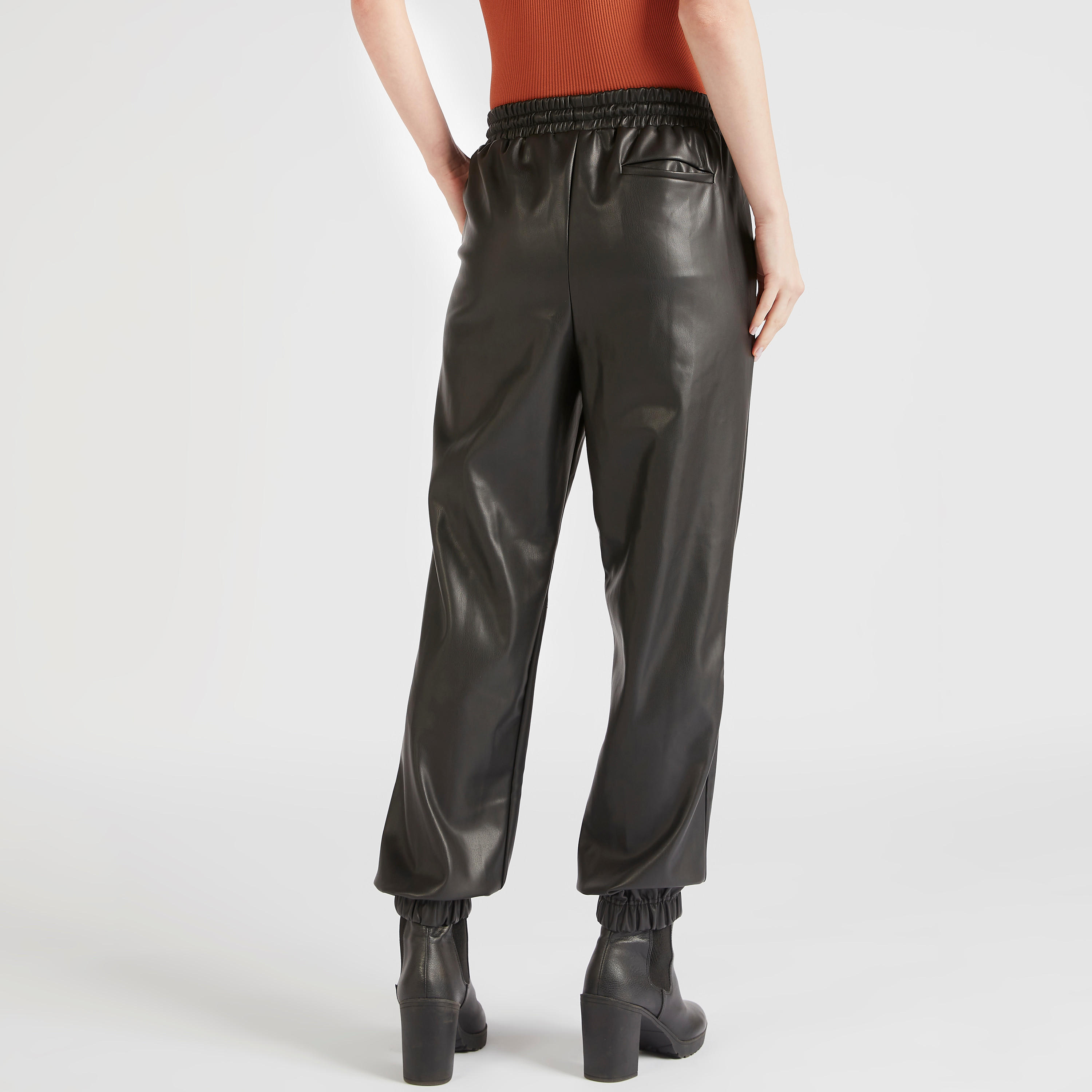 Solid Cuffed Leather Pants with Pockets and Drawstring Closure-women-clothing-bottoms-trousers-image-4