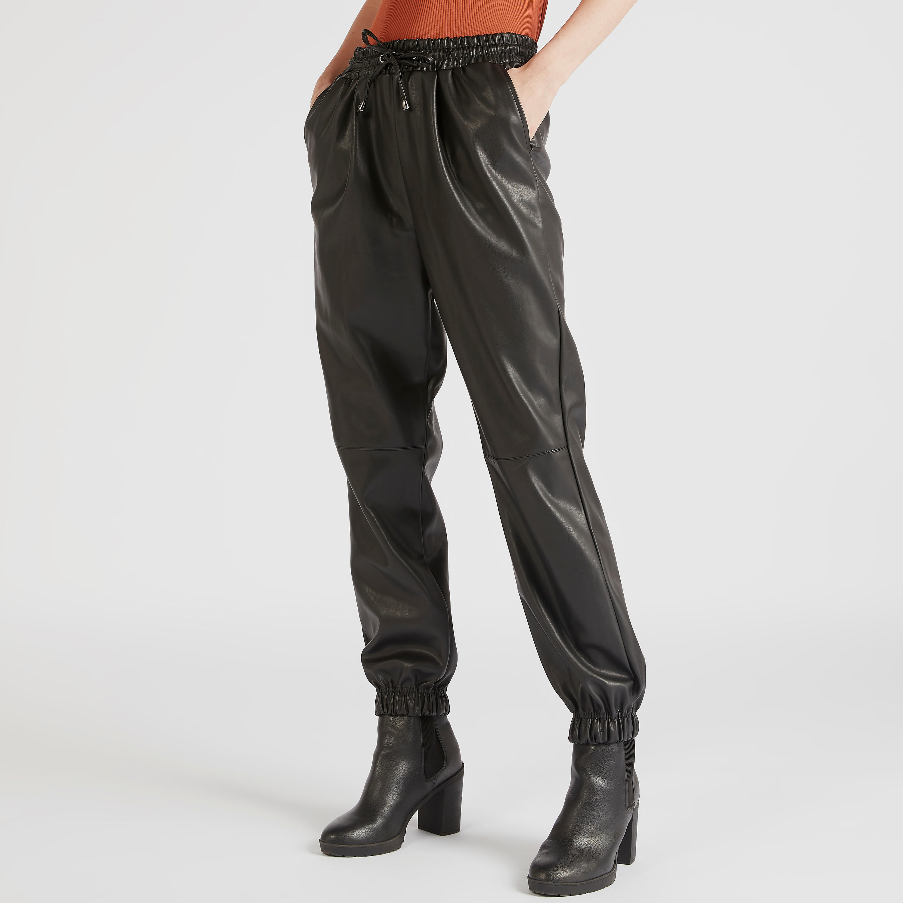 Solid Cuffed Leather Pants with Pockets and Drawstring Closure-women-clothing-bottoms-trousers-image-5