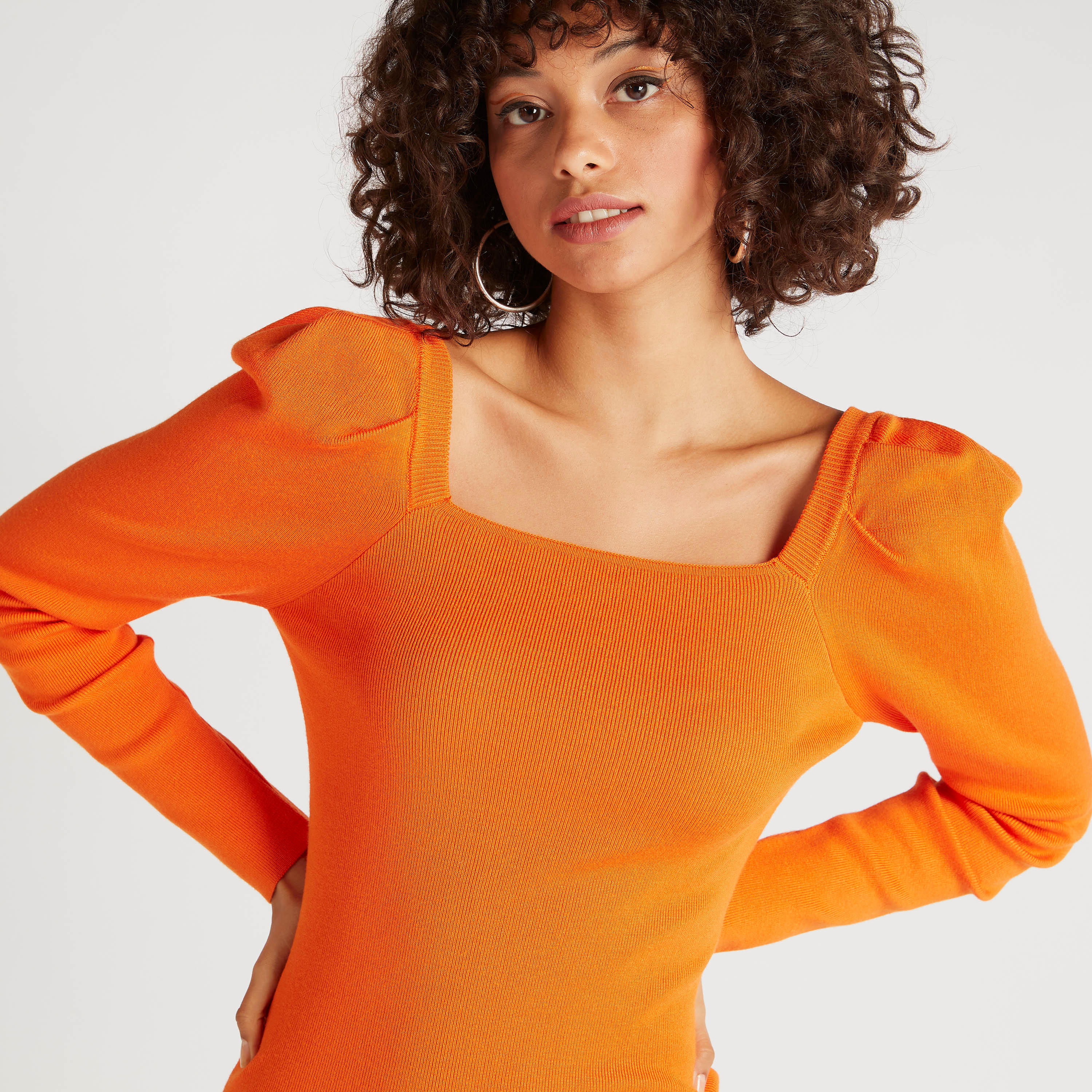 Solid Mini Bodycon Dress with Long Puff Sleeves and Square Neck-women-clothing-dresses-image-3