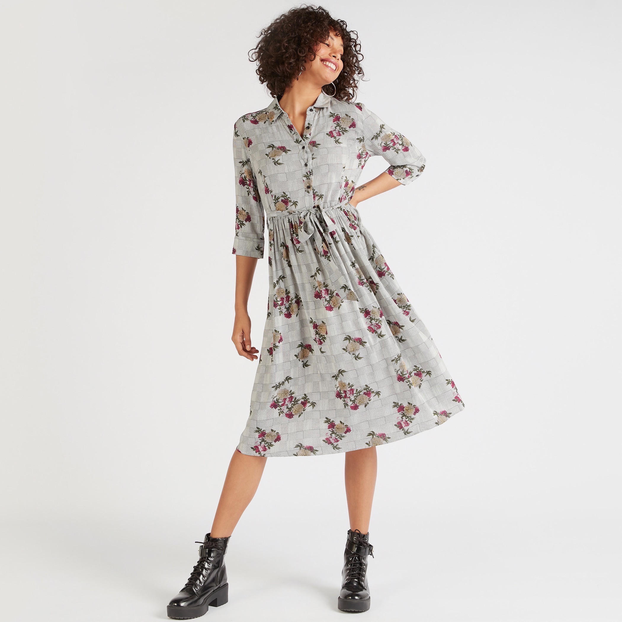 فستان إيه لاين ميدي بياقة عادية وطبعات أزهار وحزام رباط-women-clothing-dresses-image-1