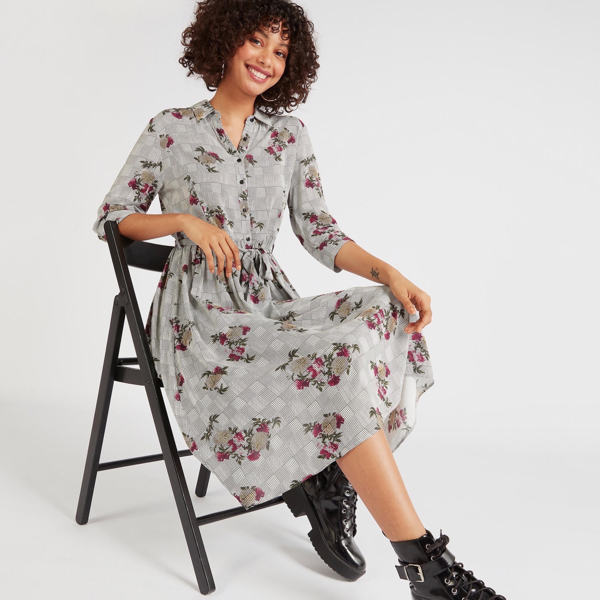 فستان إيه لاين ميدي بياقة عادية وطبعات أزهار وحزام رباط-women-clothing-dresses-image-2