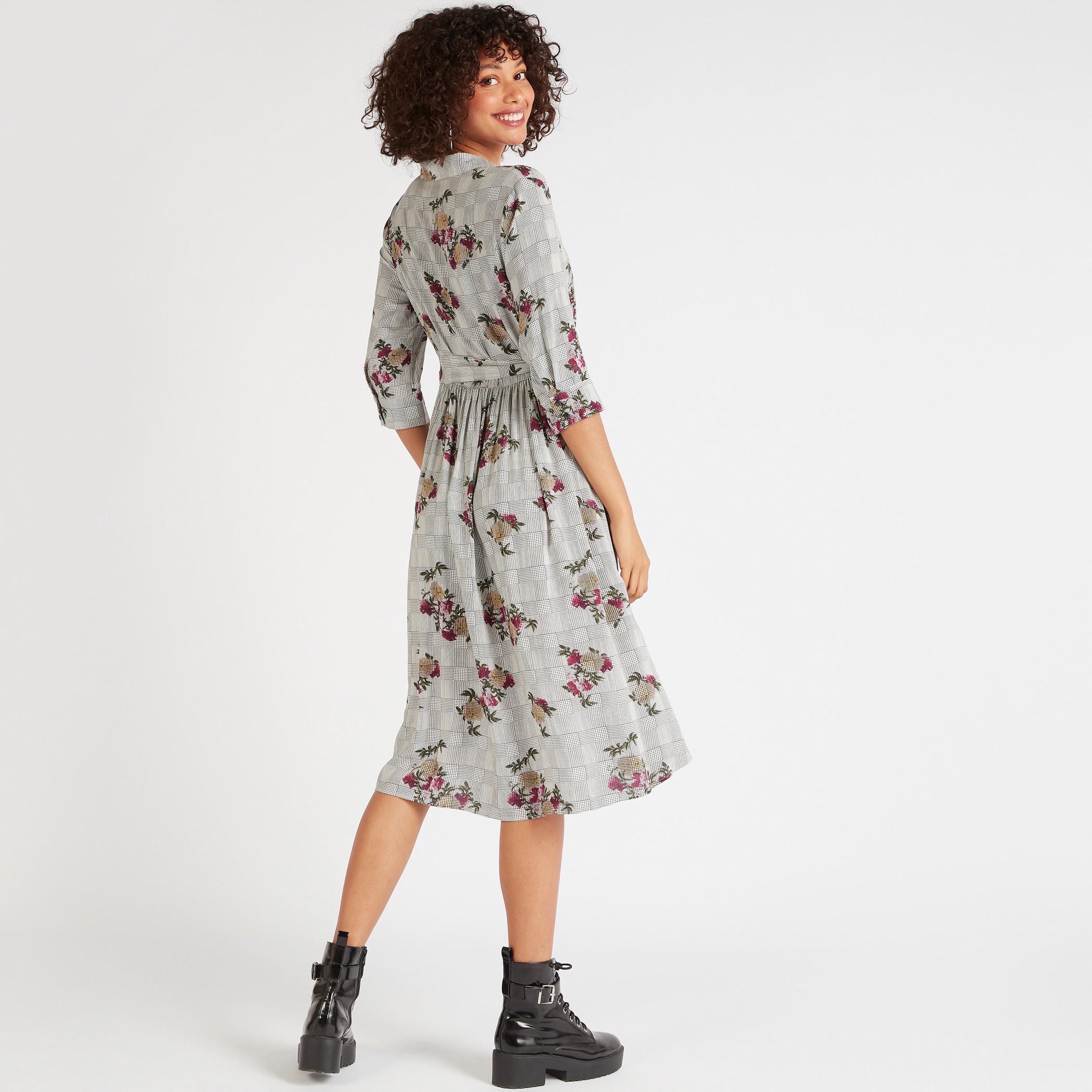 فستان إيه لاين ميدي بياقة عادية وطبعات أزهار وحزام رباط-women-clothing-dresses-image-4