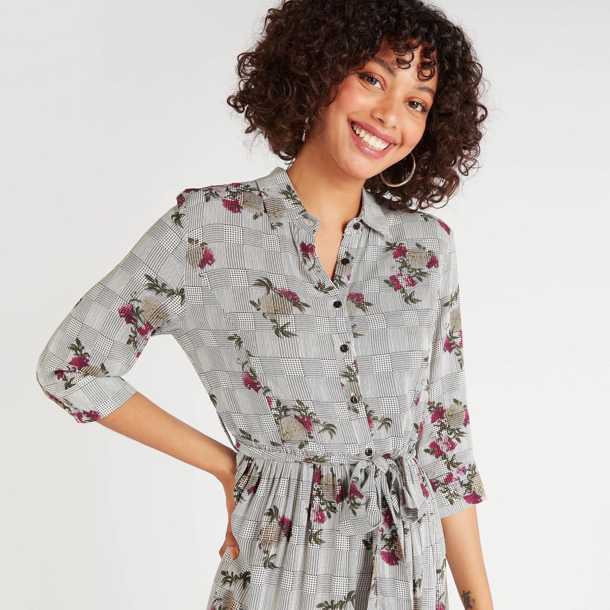 فستان إيه لاين ميدي بياقة عادية وطبعات أزهار وحزام رباط-women-clothing-dresses-image-5